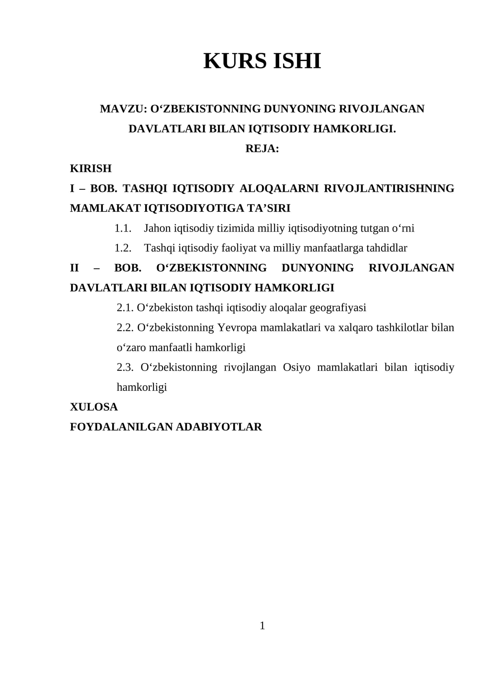 O‘ZBEKISTONNING DUNYONING RIVOJLANGAN DAVLATLARI BILAN IQTISODIY HAMKORLIGI 1