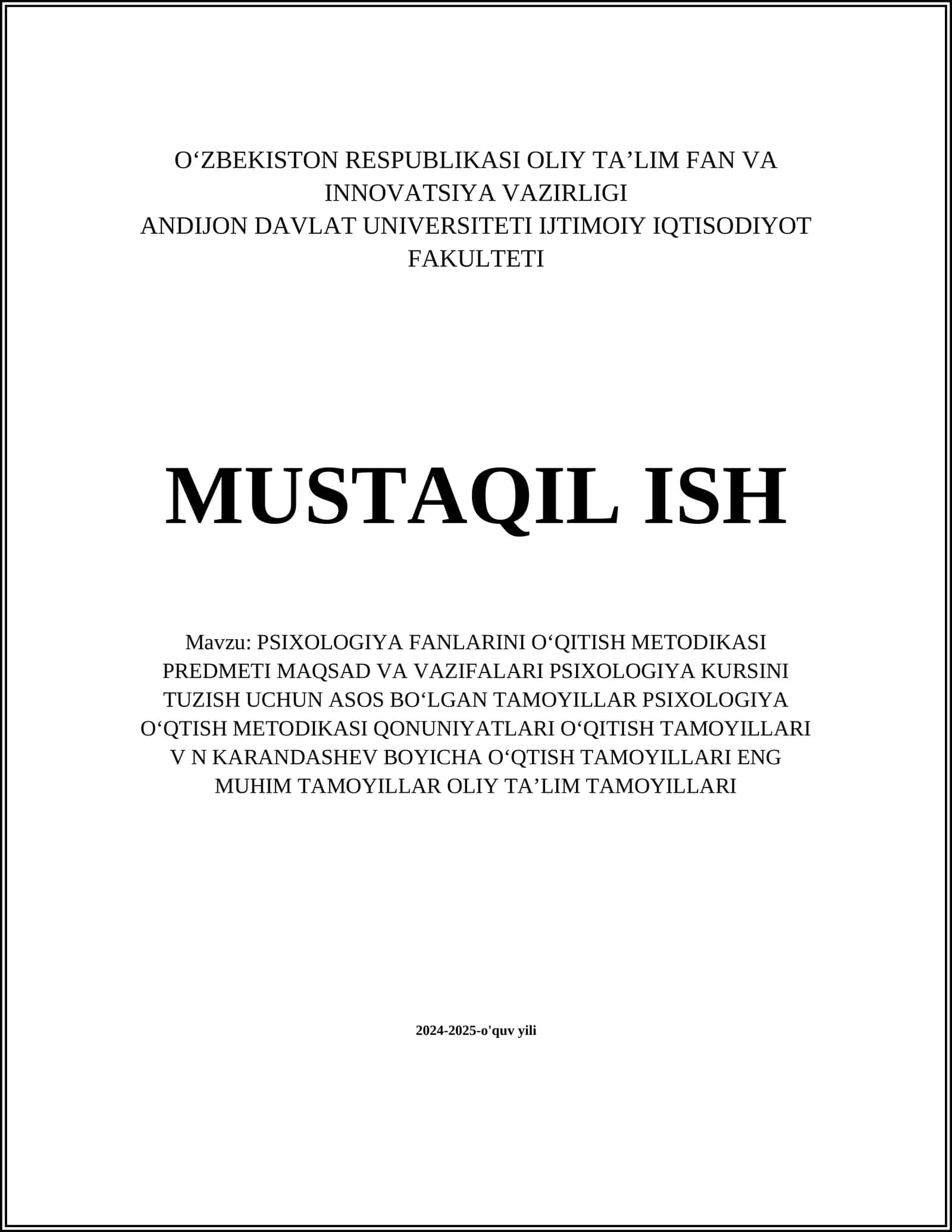 PSIXOLOGIYA FANLARINI OʻQITISH METODIKASI 1