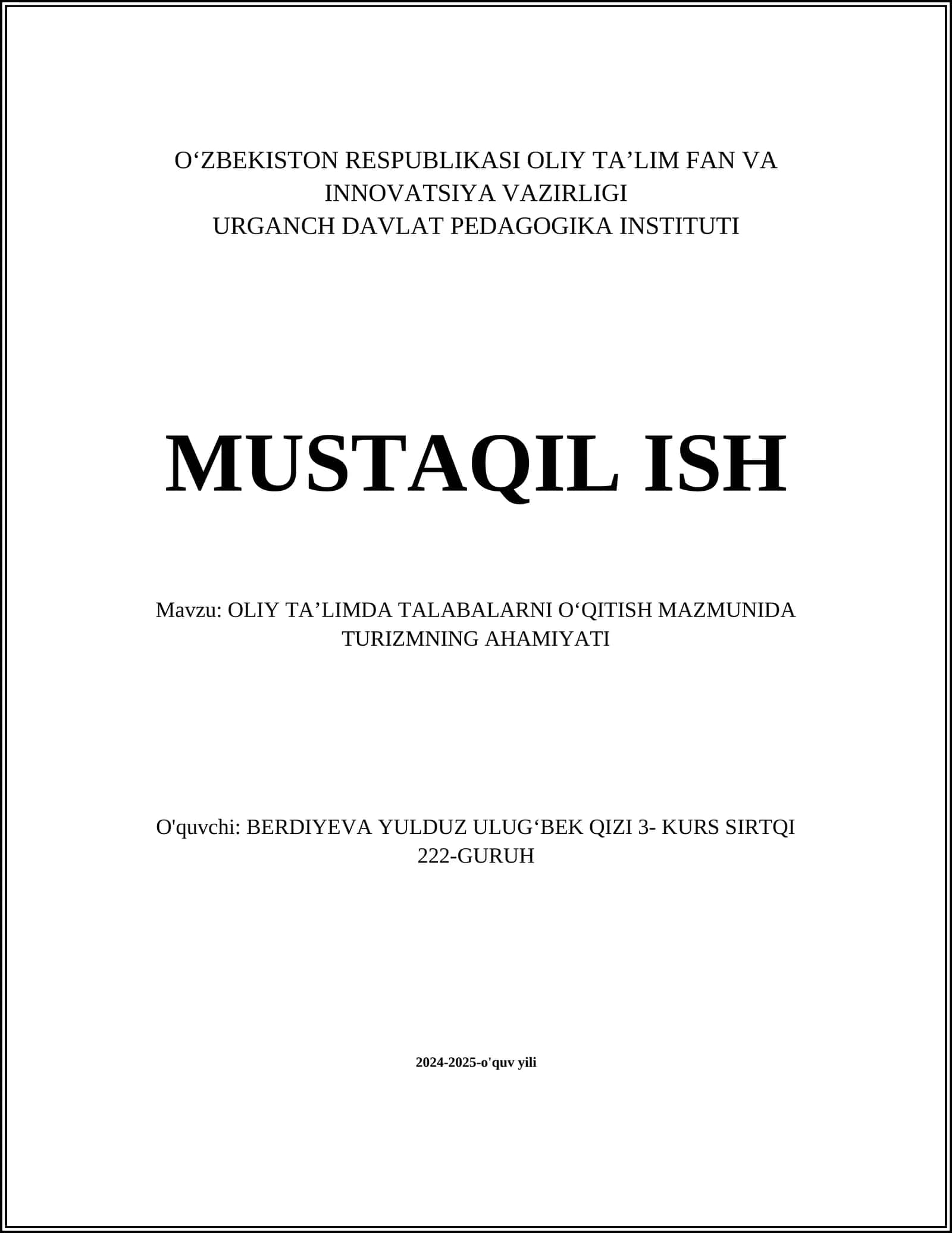 OLIY TA’LIMDA TURIZM YO'NALISHLARI 1