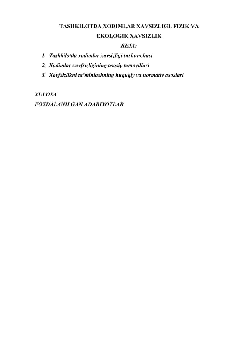 TASHKILOTDA XODIMLAR XAVSIZLIGI. FIZIK VA EKOLOGIK XAVSIZLIK 1