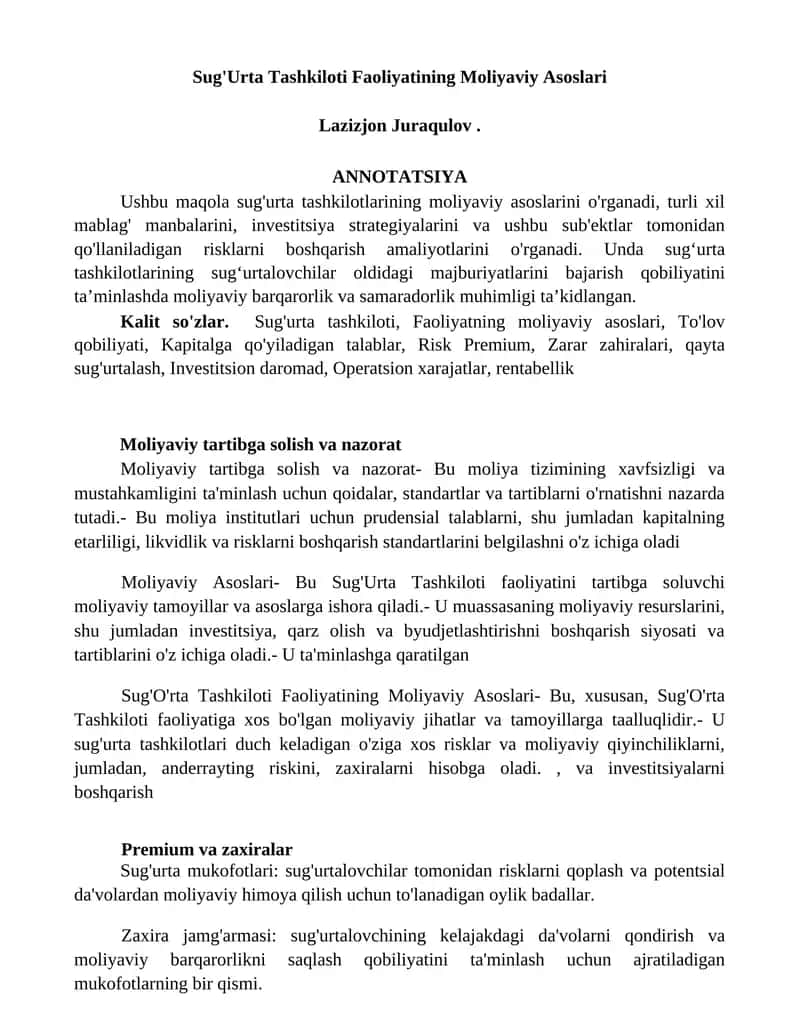 Sug'Urta Tashkiloti Faoliyatining Moliyaviy Asoslari 1