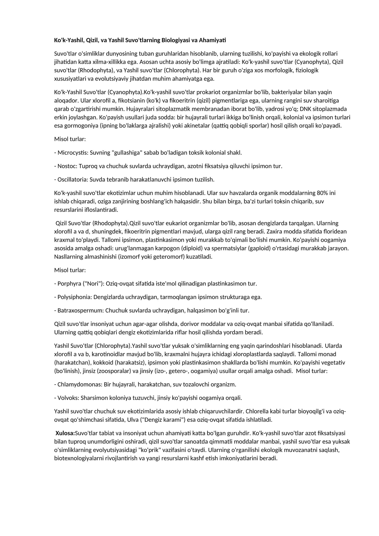 Ko'k-Yashil, Qizil, va Yashil Suvo'tlarning Biologiyasi va Ahamiyati 1