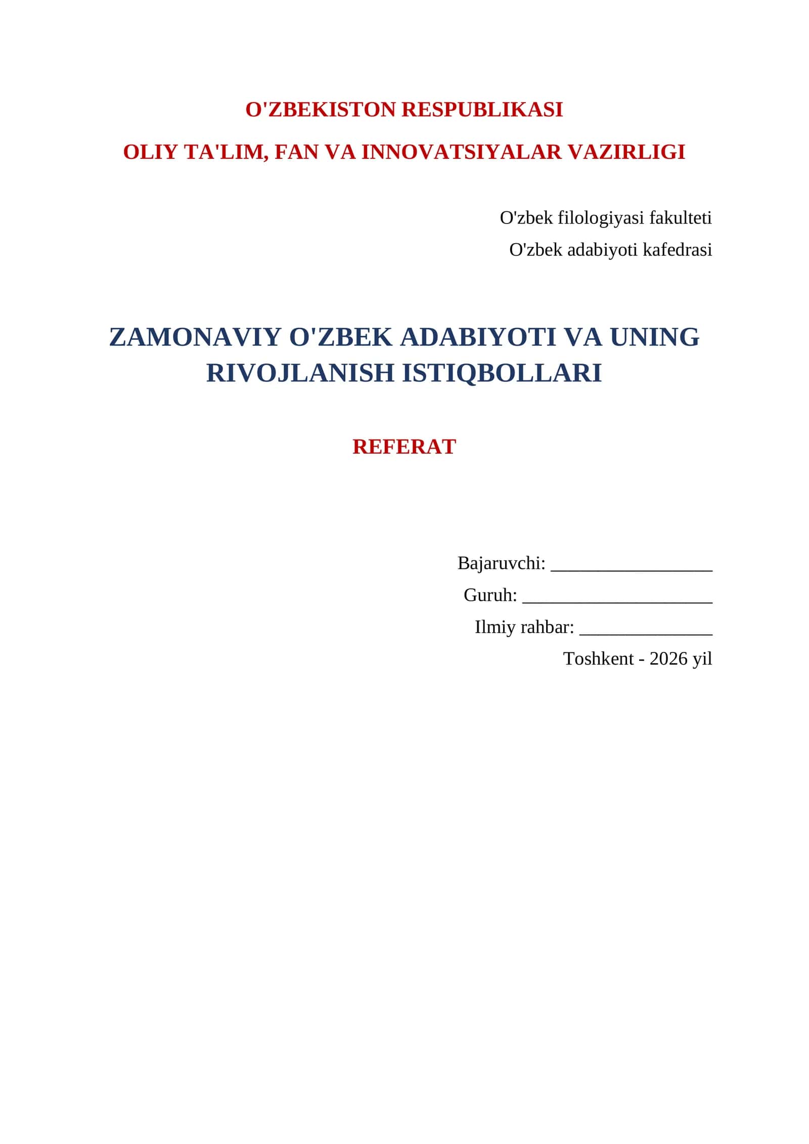 Zamonaviy O'zbek adabiyoti va uning rivojlanish istiqbollari 1