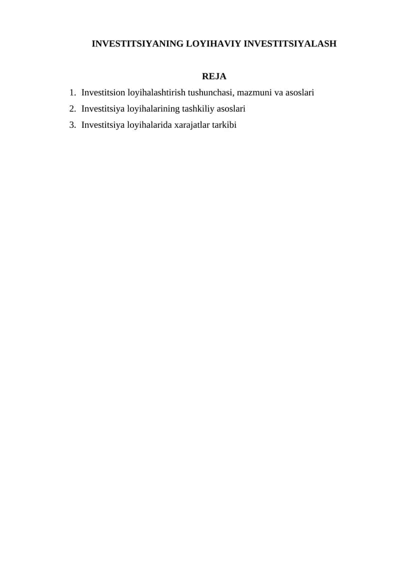 Investitsiyaning loyihaviy investitsiyalash 1