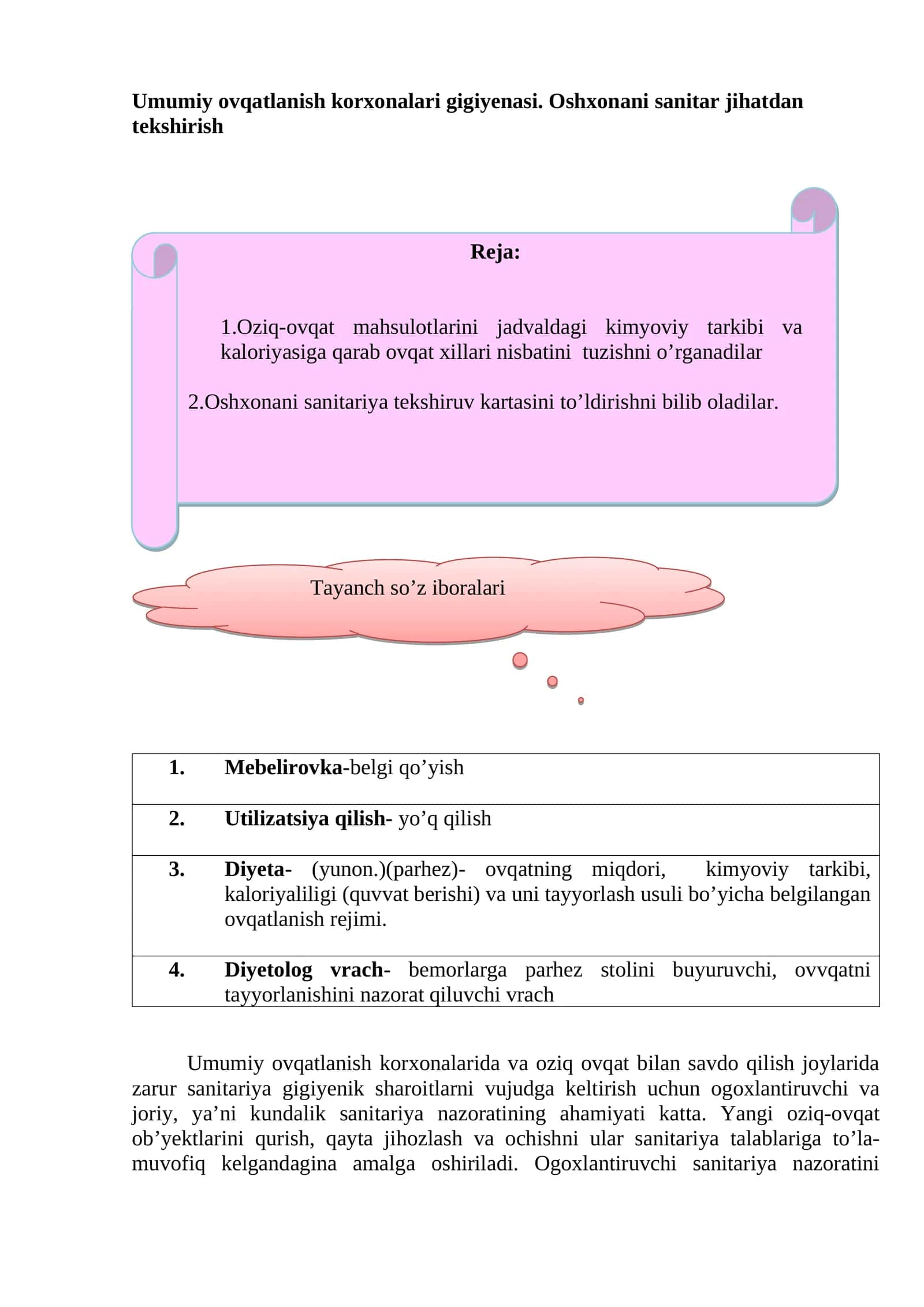 Umumiy ovqatlanish korxonalari gigiyenasi. Oshxonani sanitar jihatdan tekshirish 1