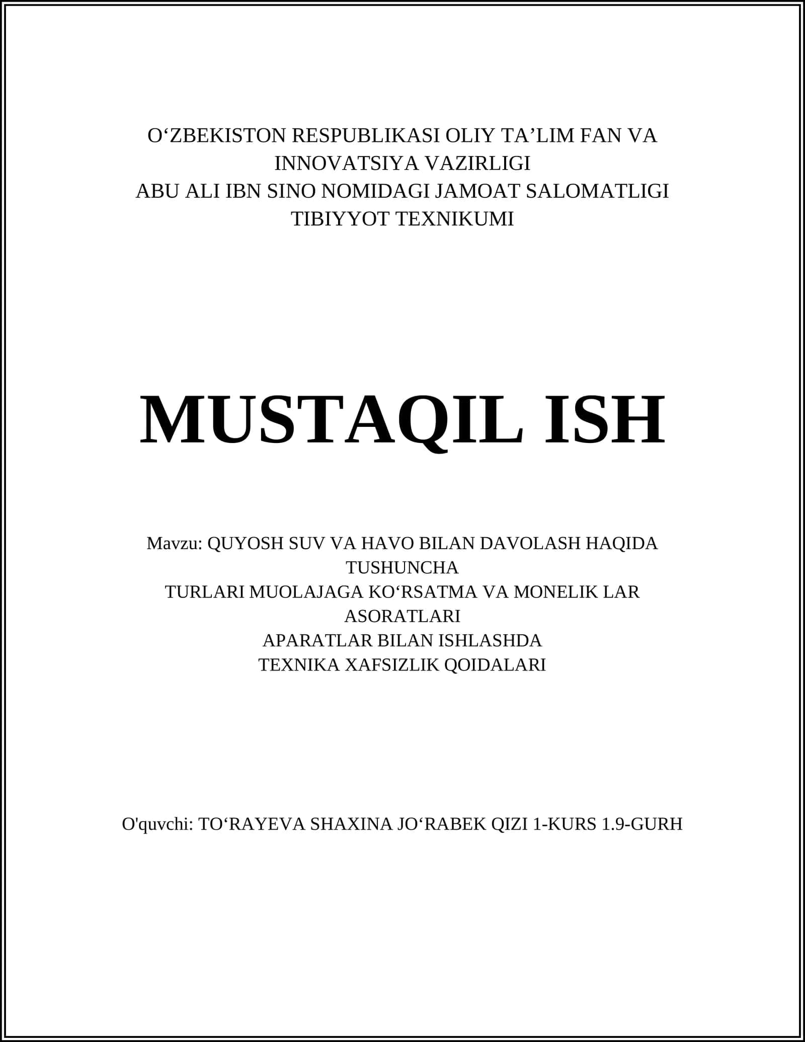 QUYOSH SUV VA HAVO BILAN DAVOLASH HAQIDA TUSHUNCHA TURLARI MUOLAJAGA KOʻRSATMA VA MONELIK LAR ASORATLARI 1