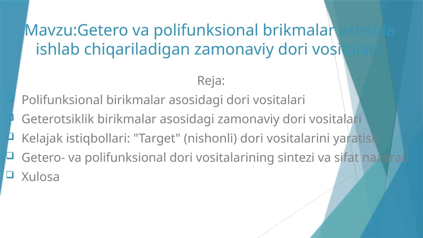 Getero va polifunksional brikmalar asosida ishlab chiqariladigan zamonaviy dori vositalari. 1