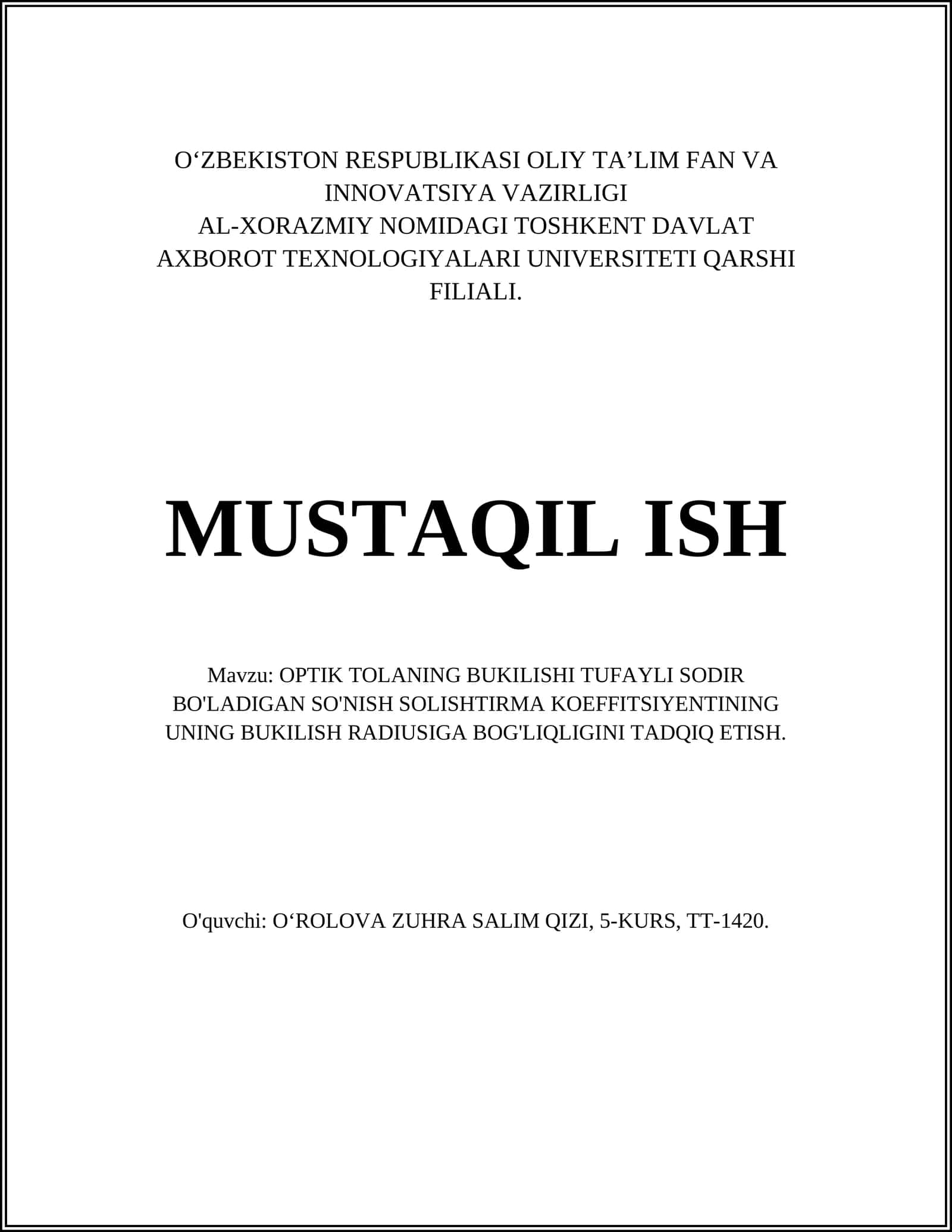 OPTIK TOLANING BUKILISHI TUFAYLI SODIR BO'LADIGAN SO'NISH SOLISHTIRMA KOEFFITSIYENTINING UNING BUKILISH RADIUSIGA BOG'LIQLIGINI TADQIQ ETISH 1