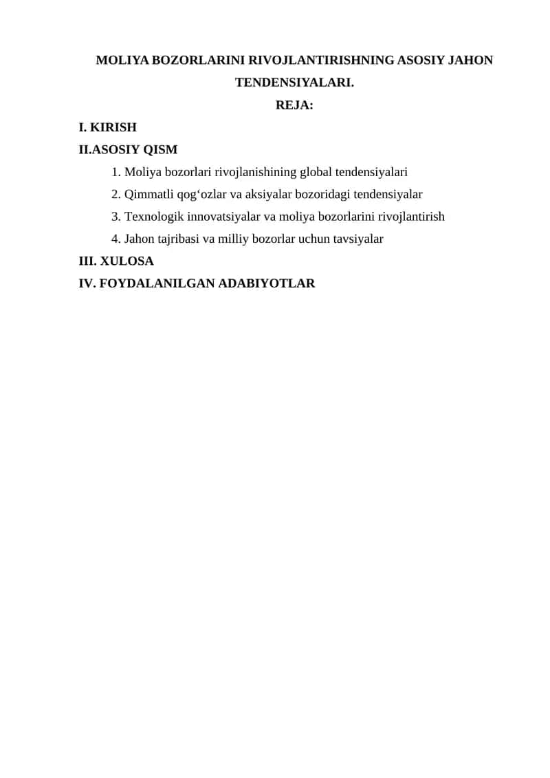 MOLIYA BOZORLARINI RIVOJLANTIRISHNING ASOSIY JAHON TENDENSIYALARI 1