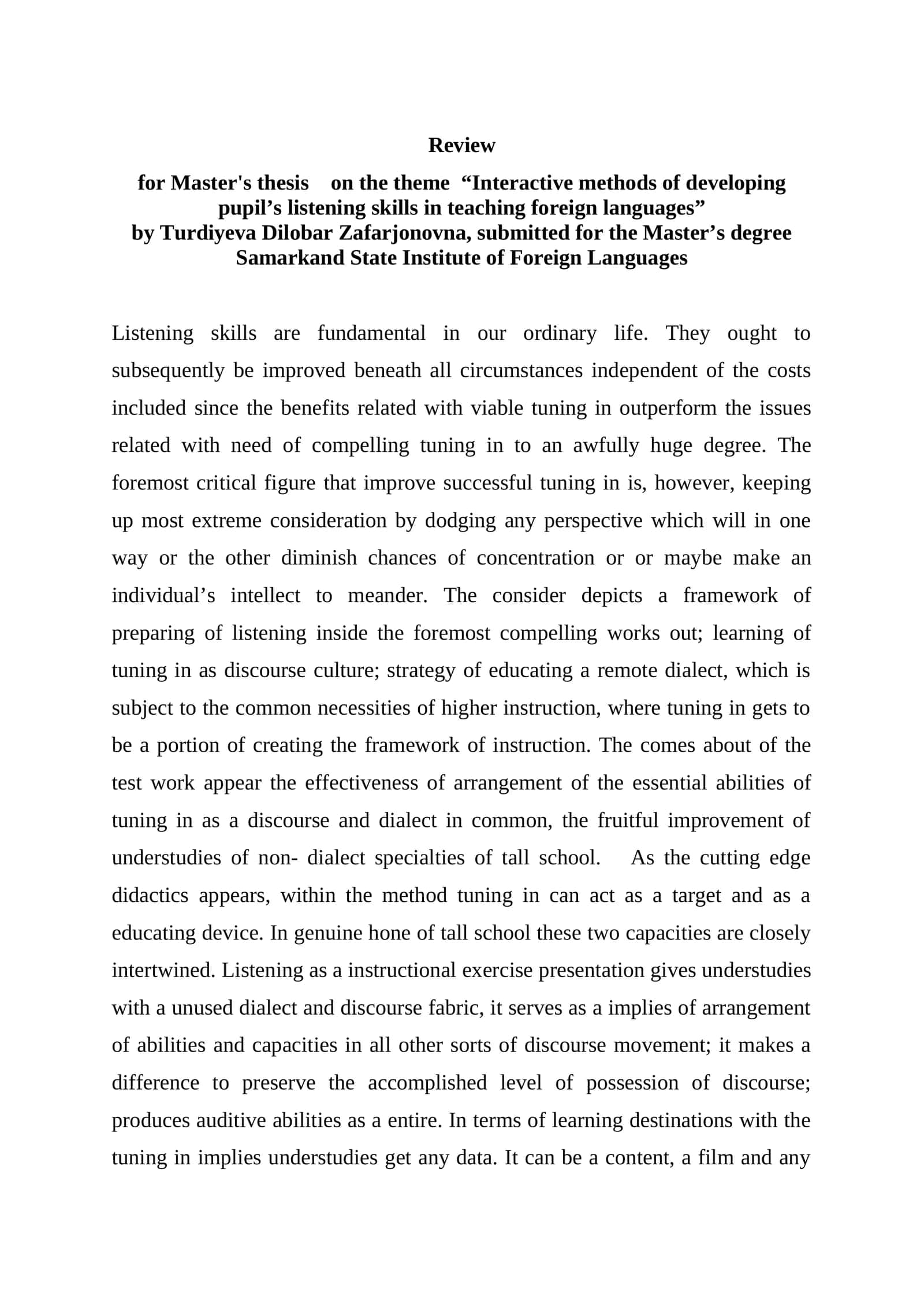 Master's thesis on the theme “Interactive methods of developing pupil’s listening skills in teaching foreign languages” 1