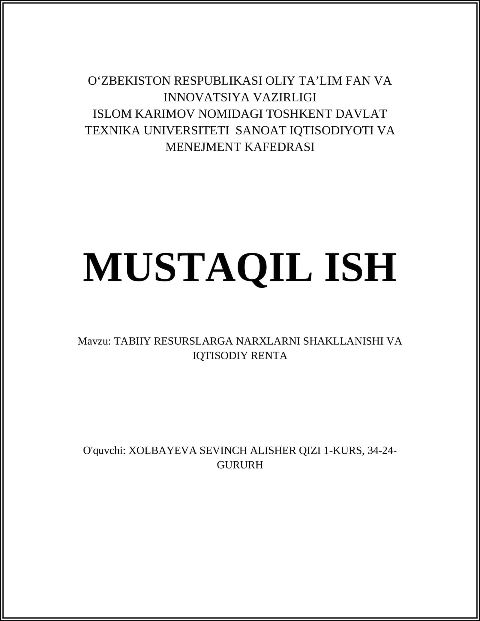 TABIIY RESURSLARGA NARXLARNI SHAKLLANISHI VA IQTISODIY RENTA 1