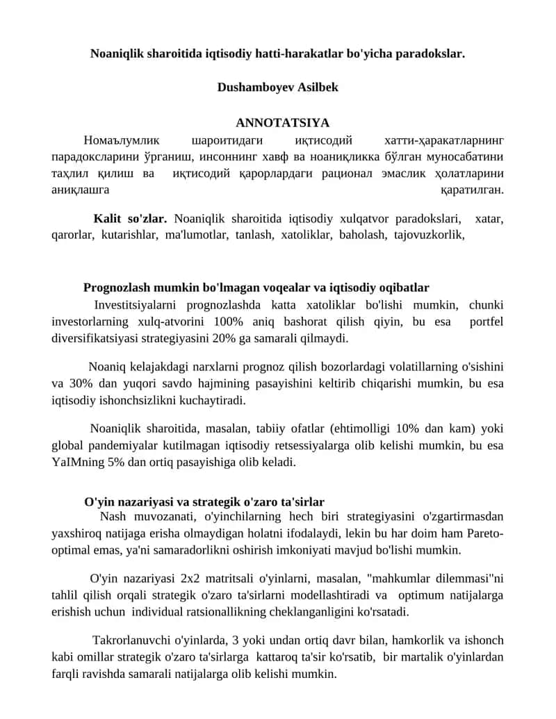 Noaniqlik sharoitida iqtisodiy hatti-harakatlar bo'yicha paradokslar 1