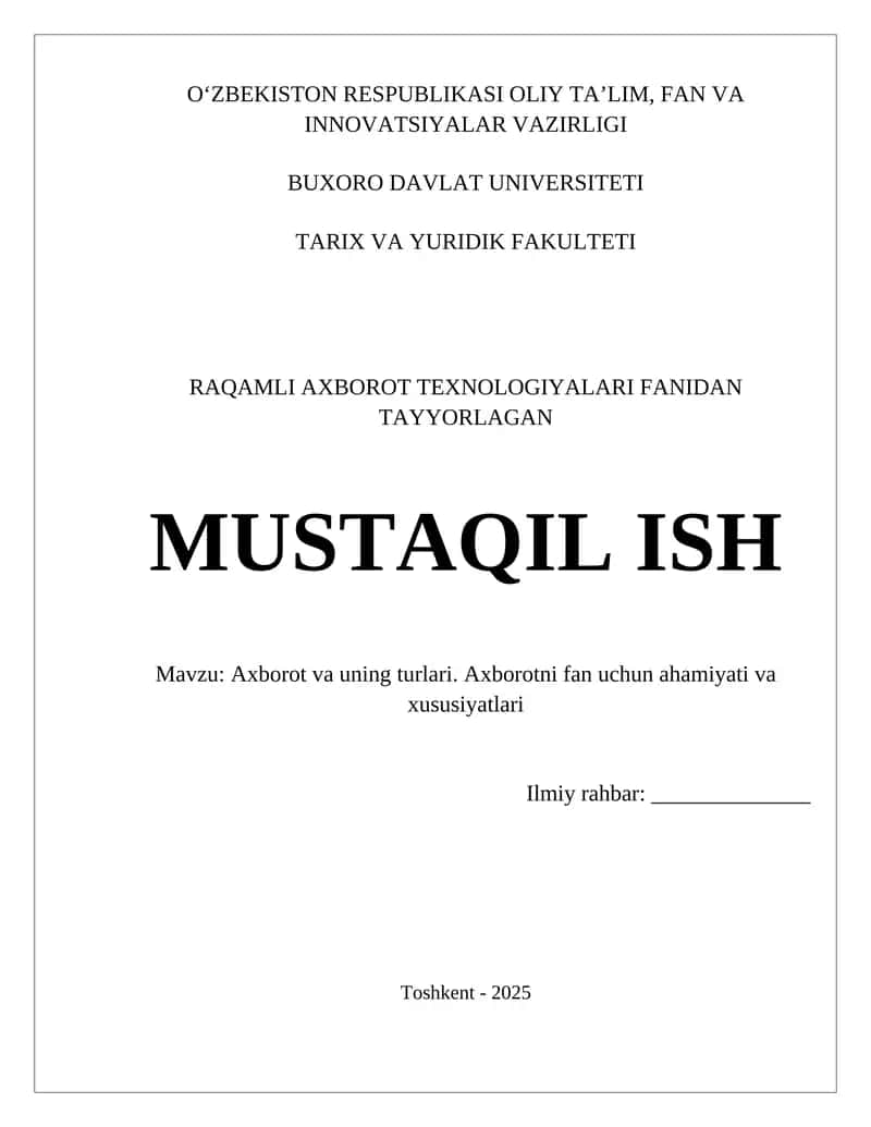 Axborot va uning turlari. Axborotni fan uchun ahamiyati va xususiyatlari 1
