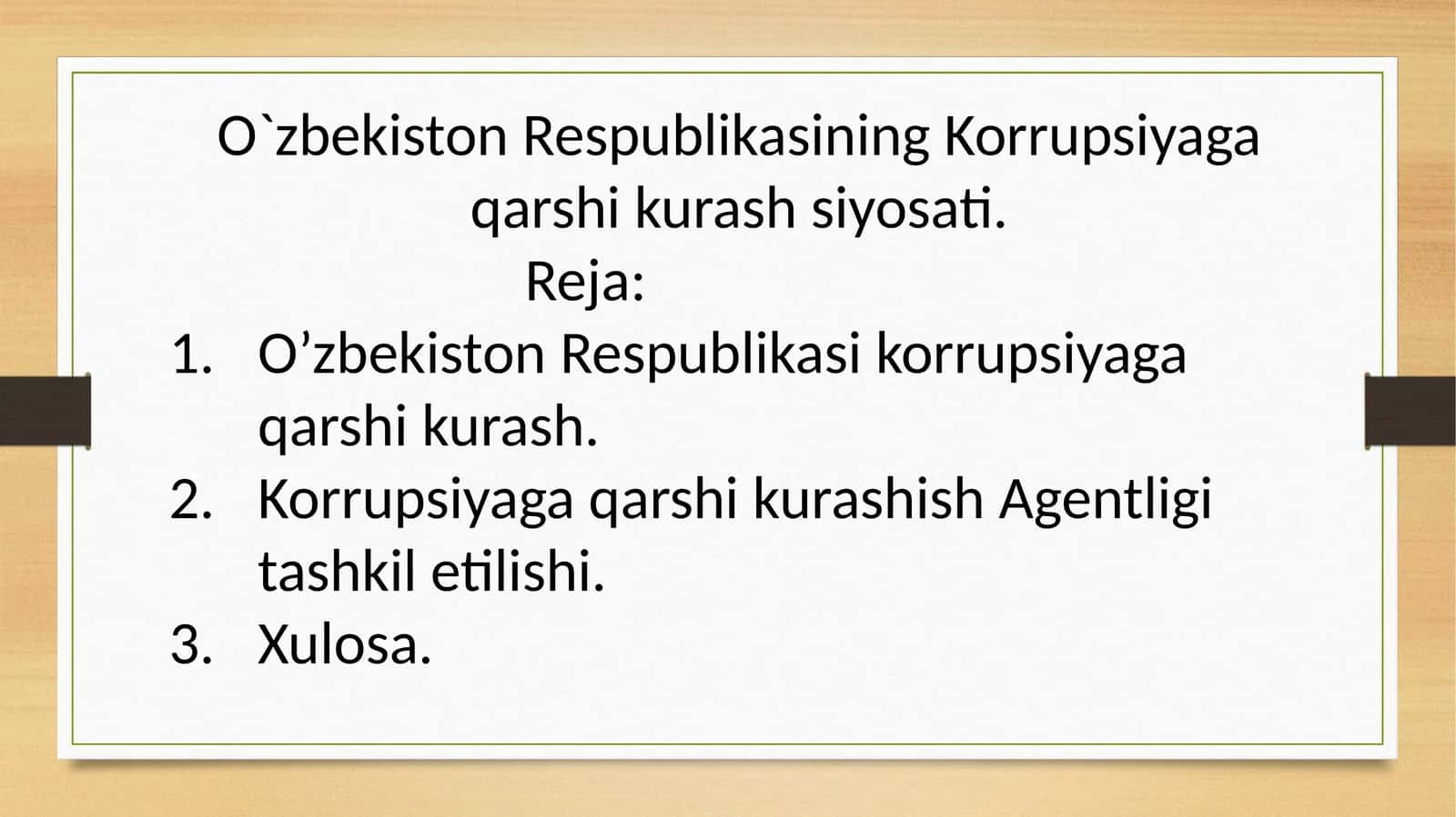 O`zbekiston Respublikasining Korrupsiyaga qarshi kurash siyosati 1