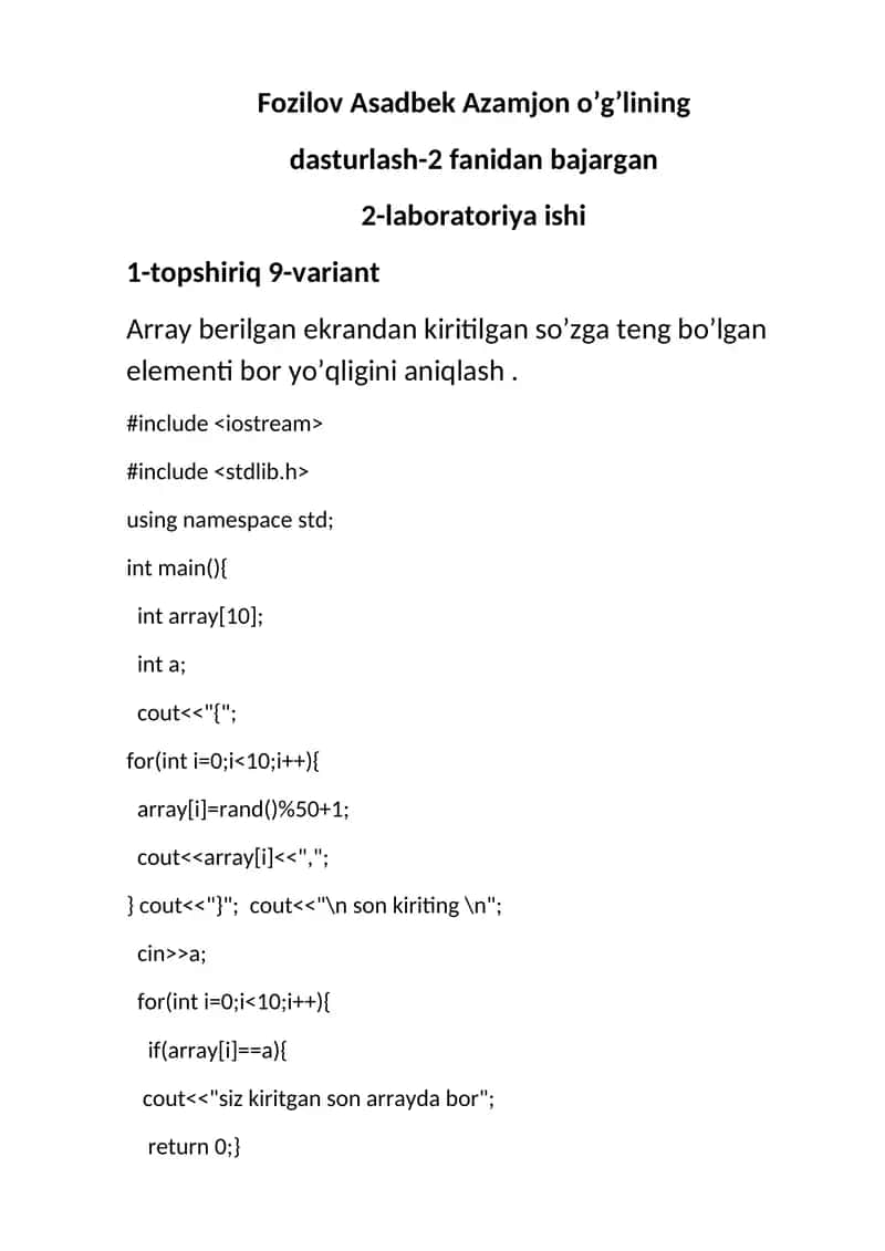 Array berilgan ekrandan kiritilgan so’zga teng bo’lgan elementi aniqlash 1