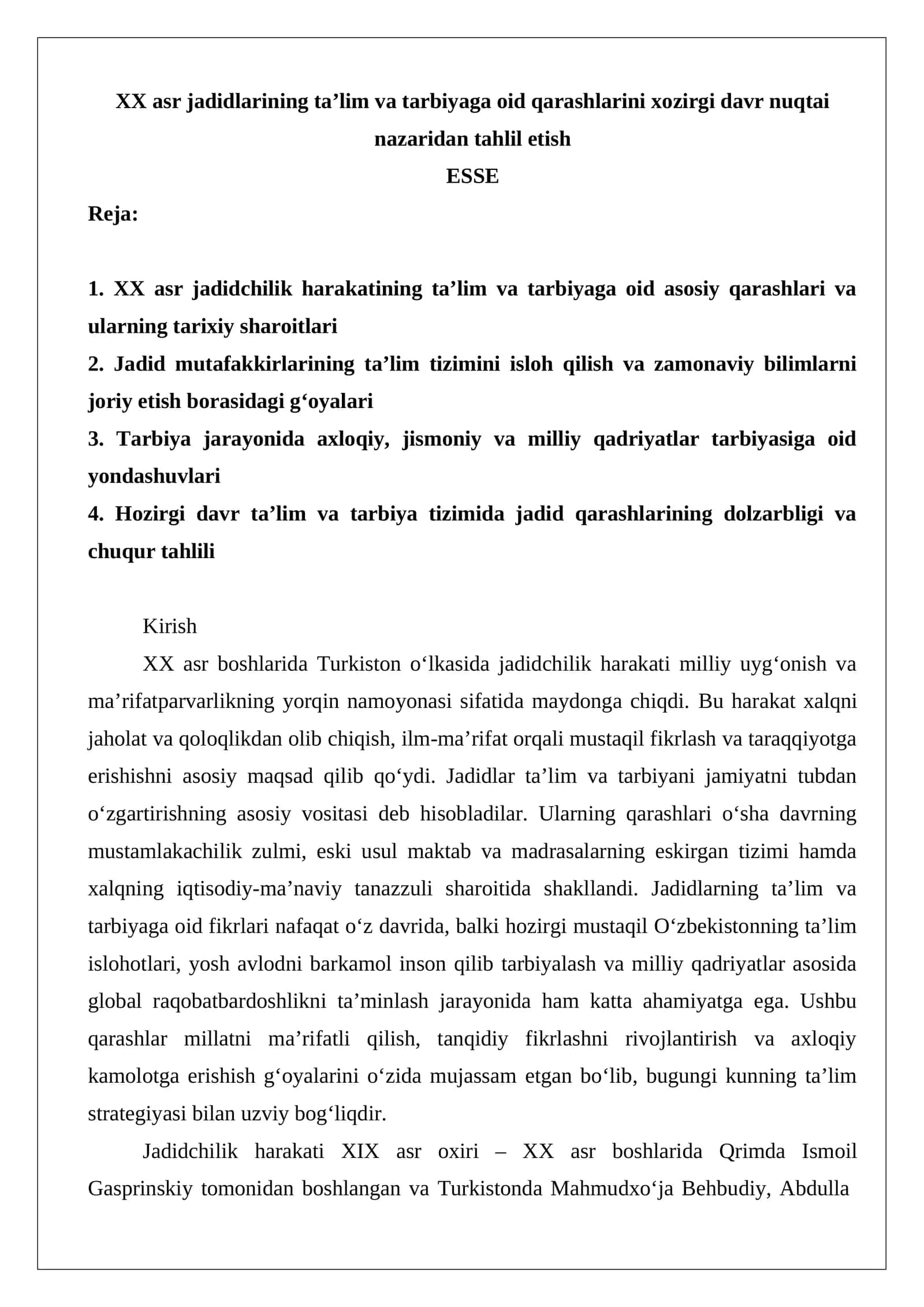 XX asr jadidlarining taʼlim va tarbiyaga oid qarashlarini xozirgi davr nuqtai nazaridan tahlil etish 1