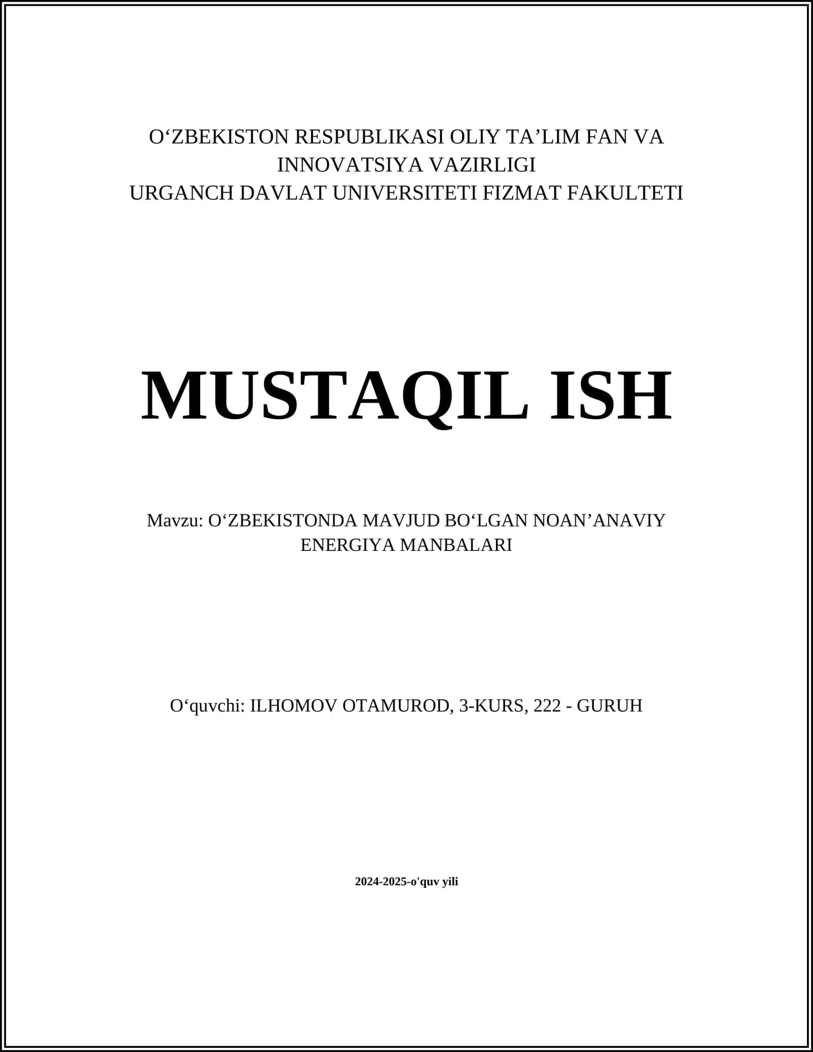 Oʻzbekistonda mavjud boʻlgan noanʼanaviy energiya manbalari 1