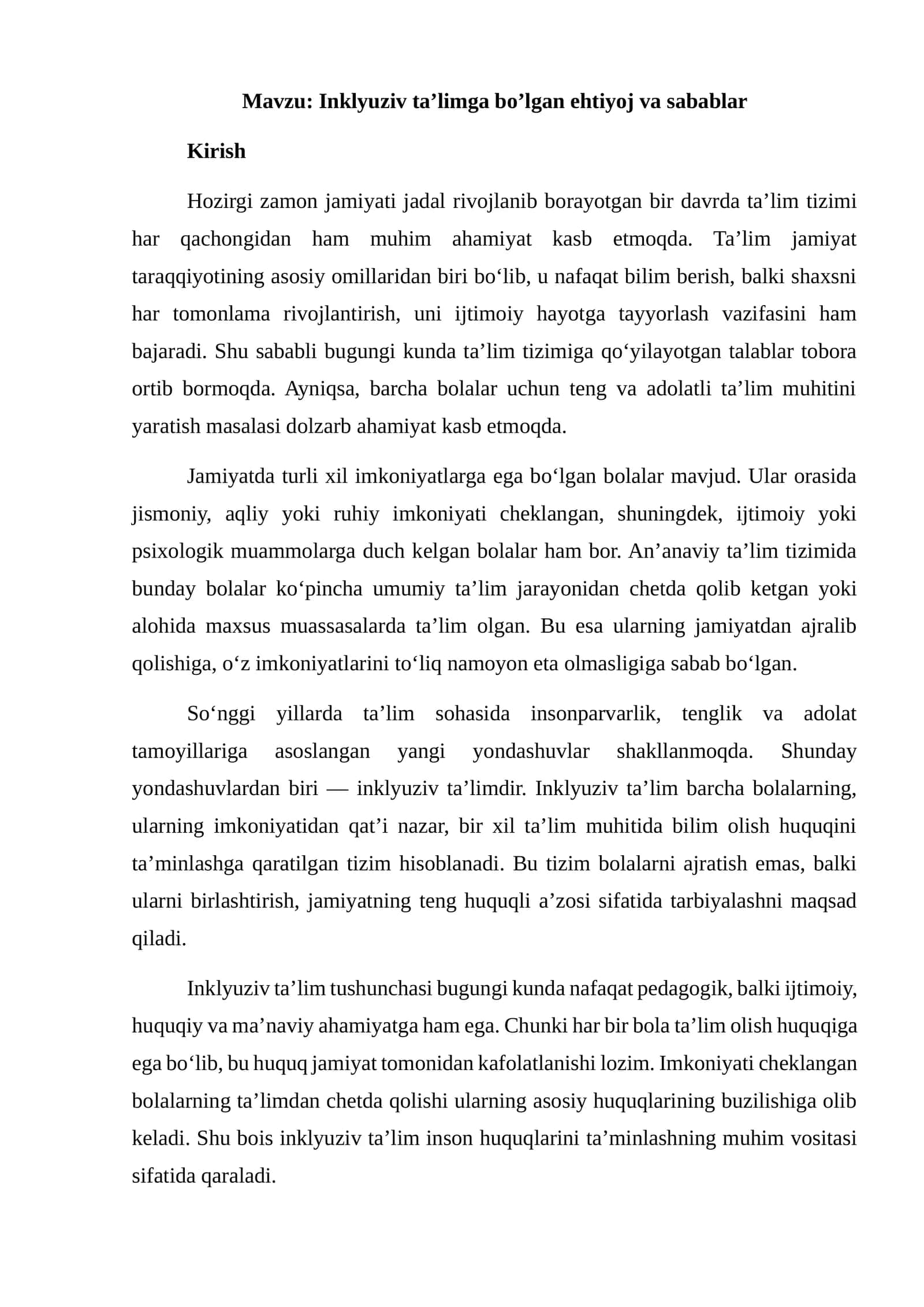 Inklyuziv ta’limga bo’lgan ehtiyoj va sabablar doklad 1