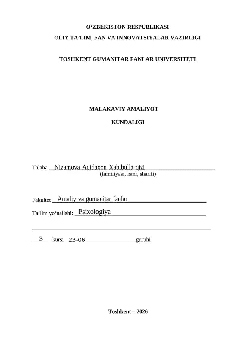 Maktabgacha ta'lim amaliyot kundaligi tayyor to'ldirilgan namuna 1