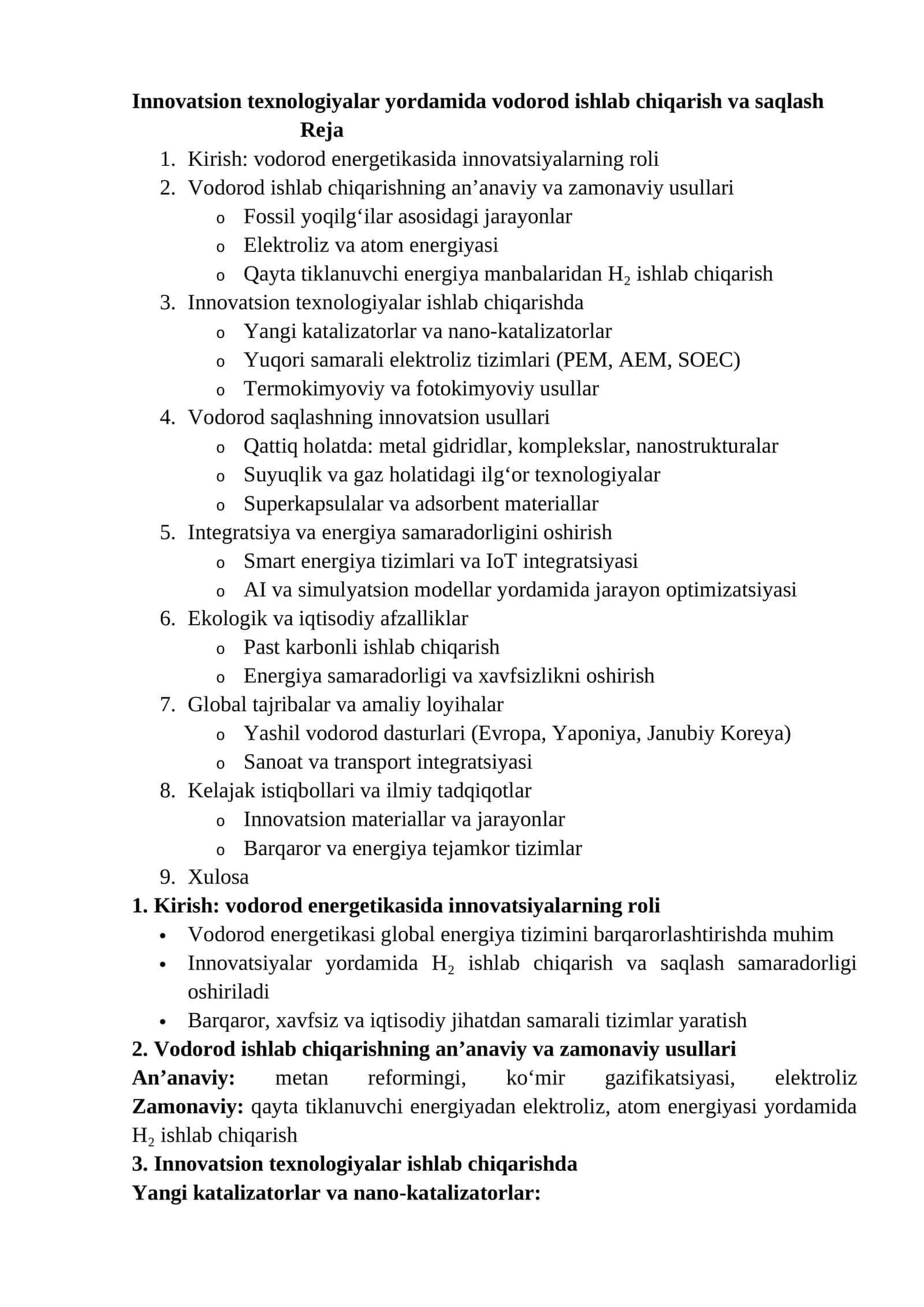 Innovatsion texnologiyalar yordamida vodorod ishlab chiqarish va saqlash 1