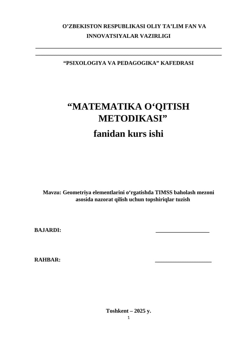 Geometriya elementlarini oʻrgatishda TIMSS baholash mezoni asosida nazorat qilish uchun topshiriqlar tuzish 1