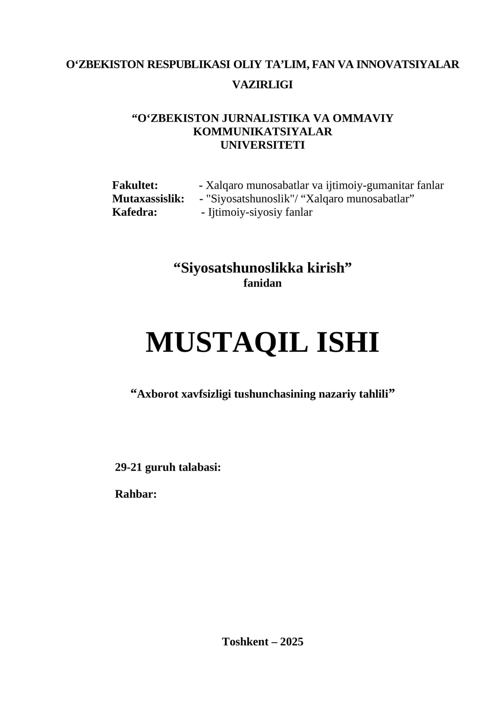 Siyosatshunoslikka kirish 1