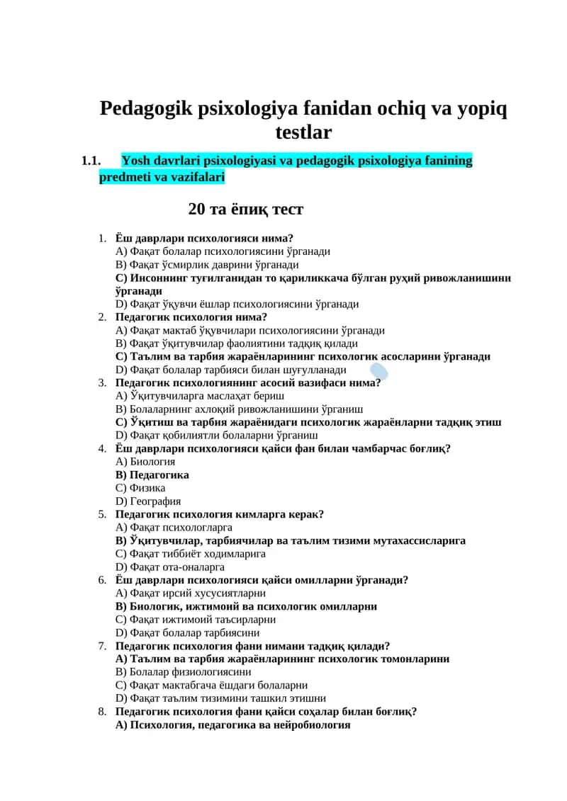 Yosh davrlari psixologiyasi va pedagogik psixologiya 1