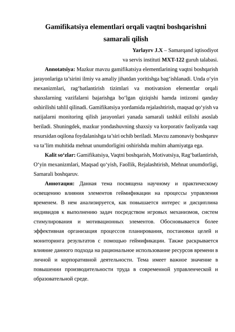 Gamifikatsiya elementlari orqali vaqtni boshqarishni samarali qilish 1