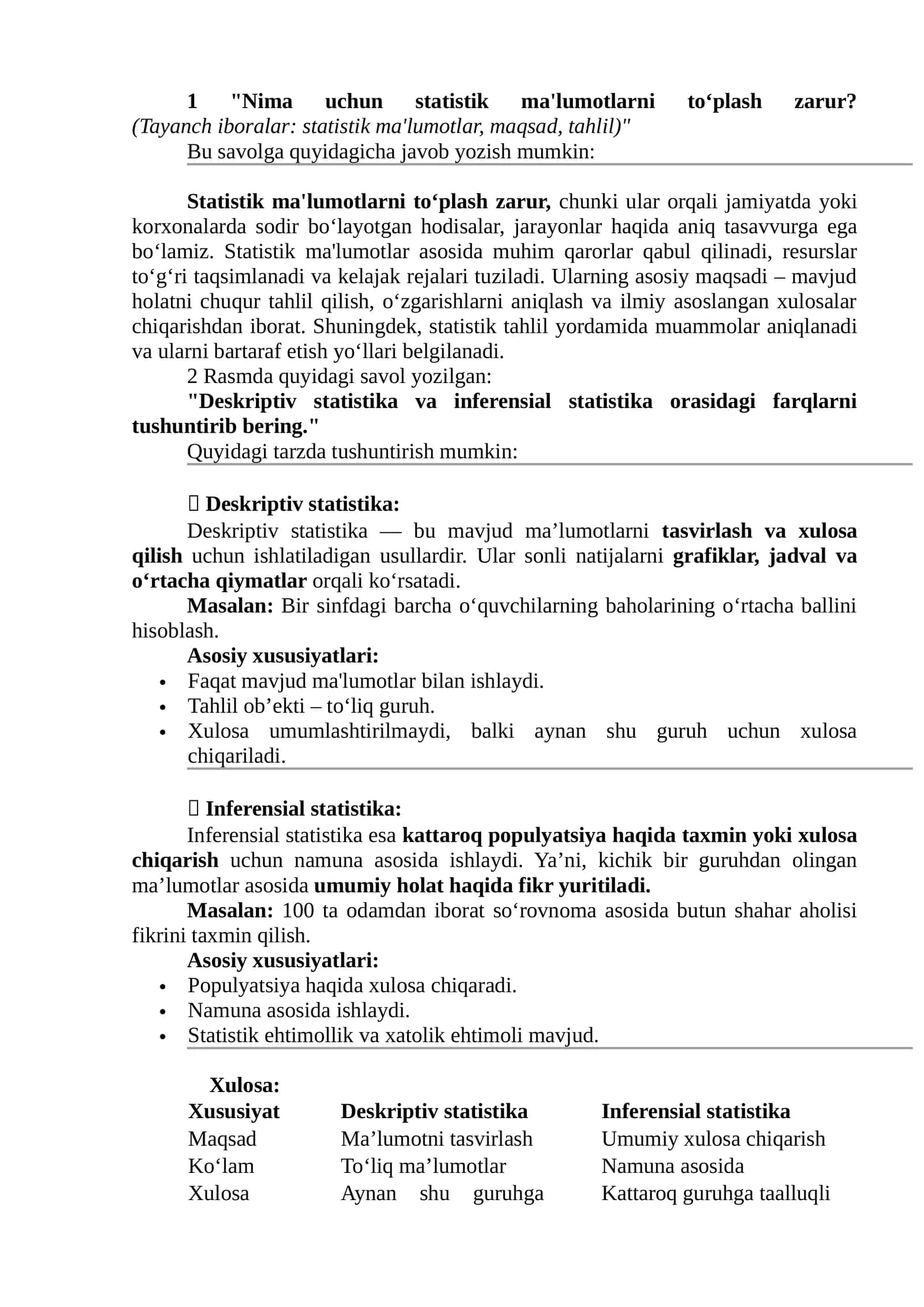 Statistik ma'lumotlarni to‘plash zarur (Maqsad, tahlil) 1