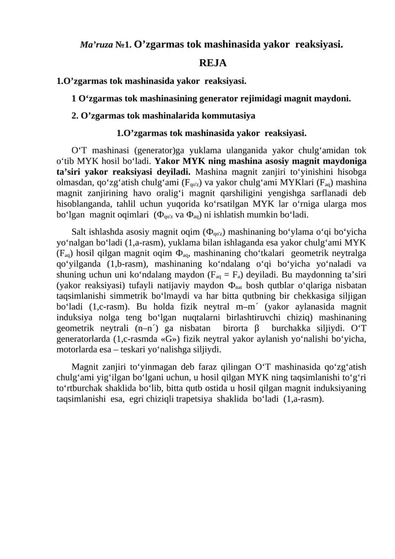 O‘zgarmas tok mashinasida yakor reaksiyasi 1