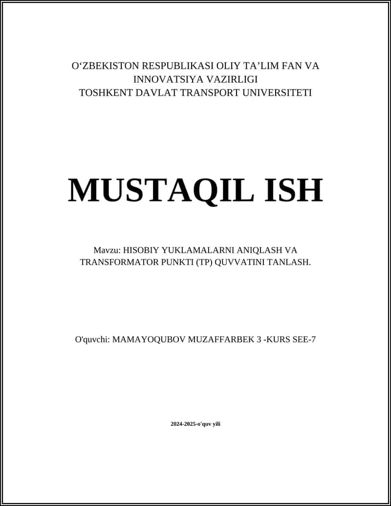Hisobiy Yuklamalarni Aniqlash va Transformator Punkti (TP) Quvvatini Tanlash 1