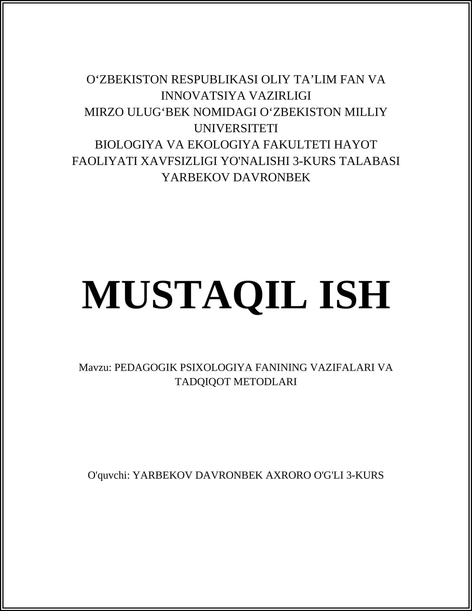 PЕDAGOGIK PSIXOLOGIYA FANINING VAZIFALARI VA TADQIQOT MЕTODLARI 1