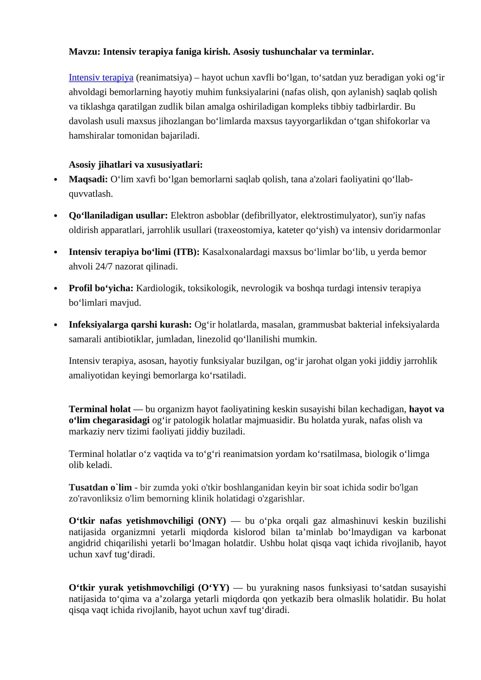 Intensiv terapiya faniga kirish. Asosiy tushunchalar va terminlar 1