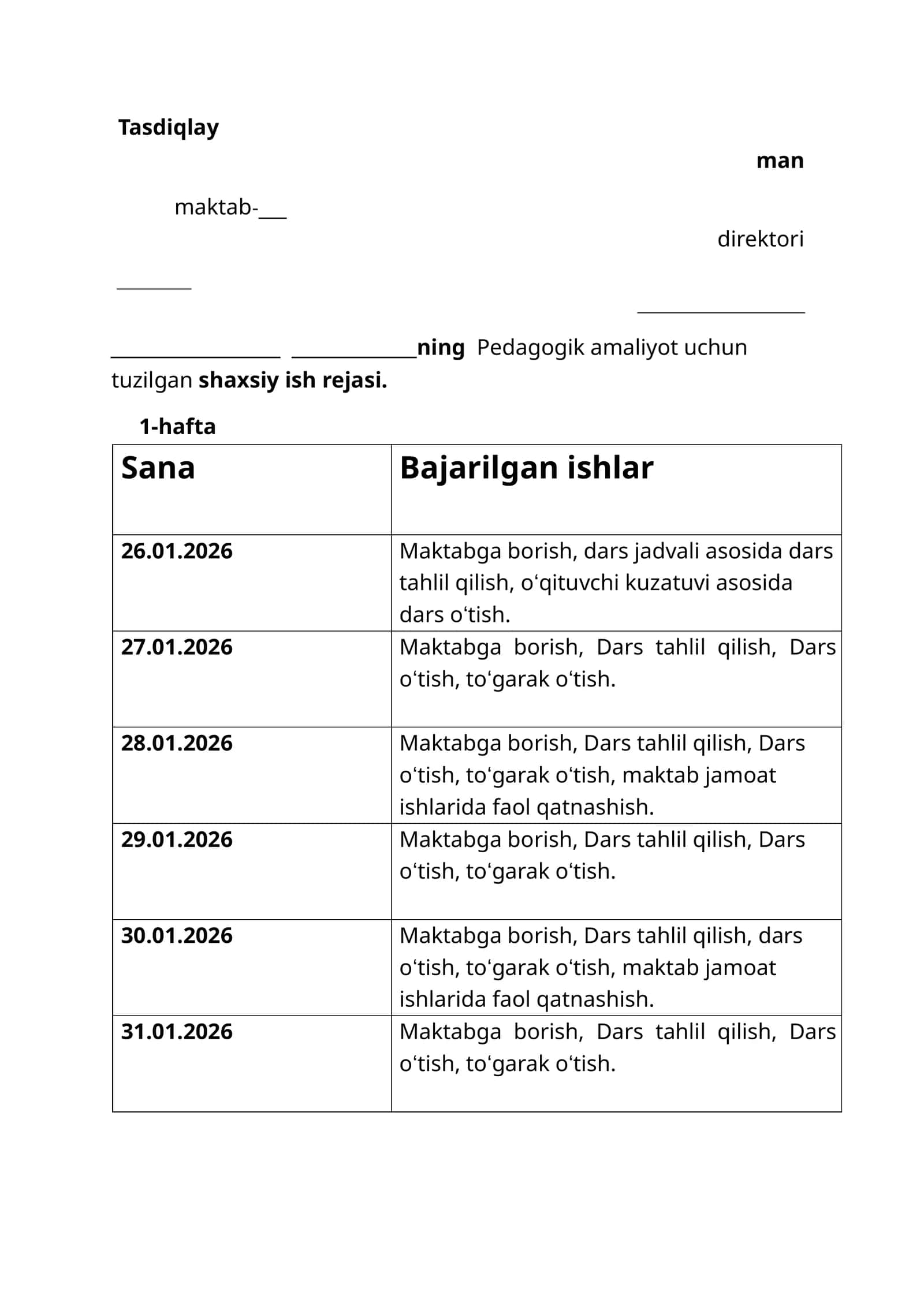 Amaliyotchi talabalar uchun shaxsiy ish reja word faylda oʻzgartirish mumkin 1