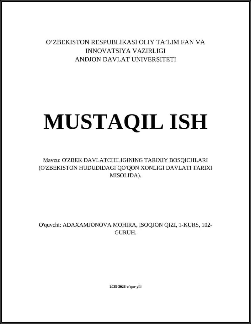 O'ZBEK DAVLATCHILIGINING TARIXIY BOSQICHLARI 1