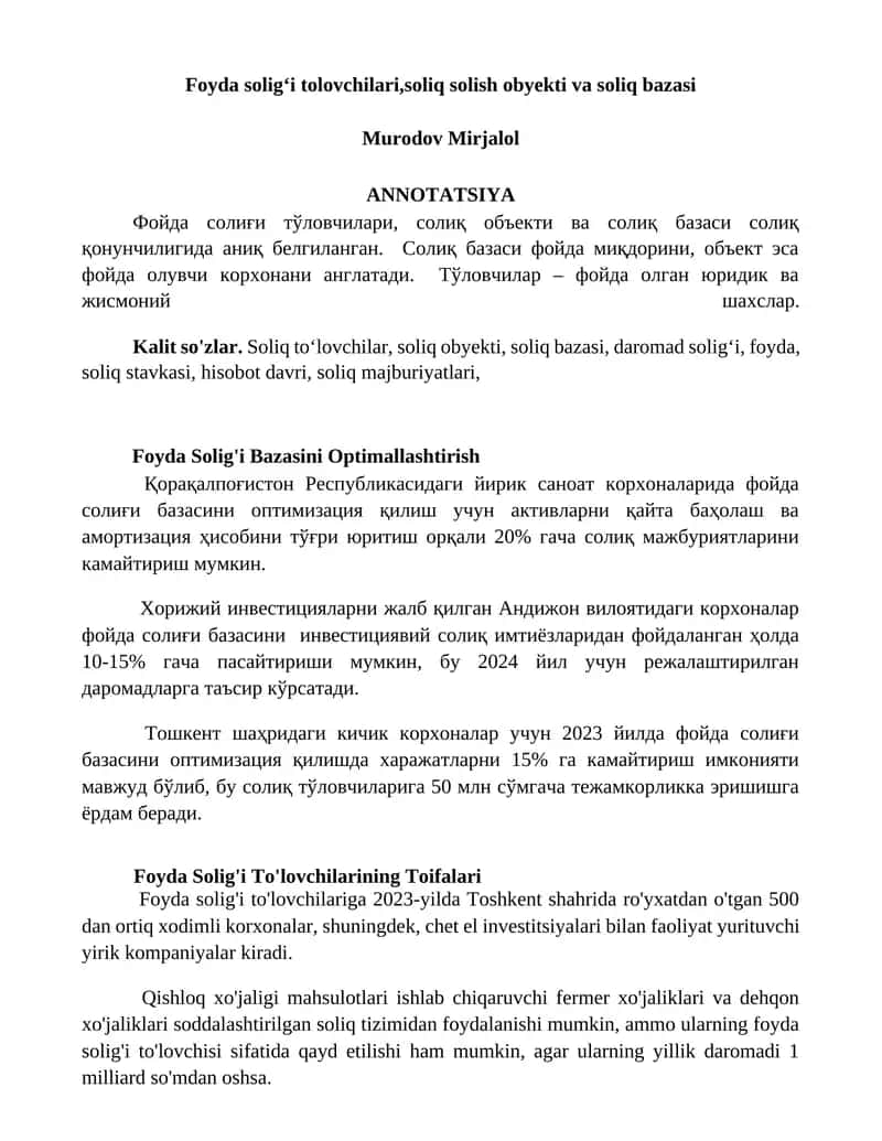 Фойда солиғи тўловчилари, солиқ объекти ва солиқ базаси 1