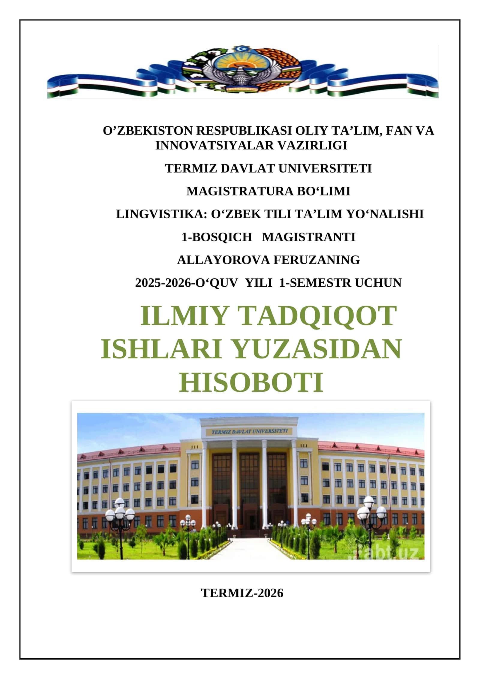 Magistratura 1-kurs talabasining 1-semestrdagi bajaradigan ilmiy tadqiqot ishlari jadvali 1