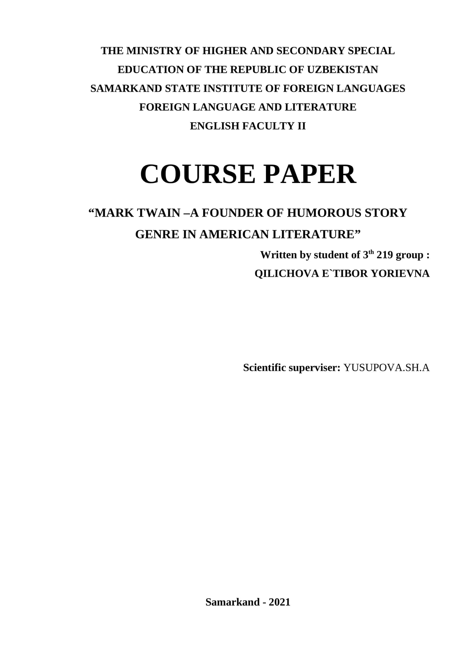 MARK TWAIN –A FOUNDER OF HUMOROUS STORY GENRE IN AMERICAN LITERATURE 1