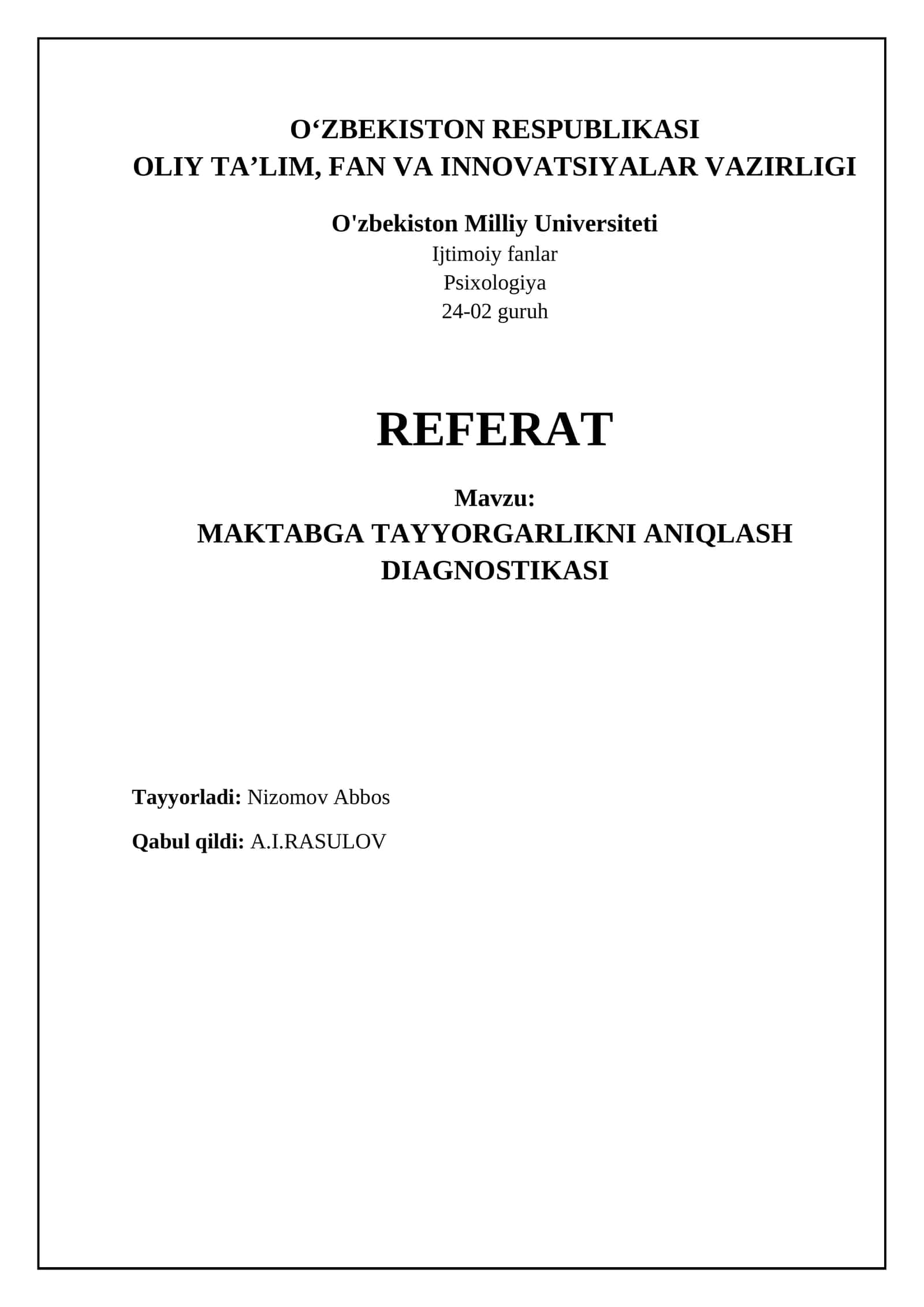 MAKTABGA TAYYORGARLIKNI ANIQLASH DIAGNOSTIKASI 1