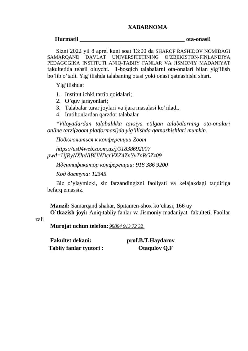 O’ZBEKISTON-FINLANDIYA PEDAGOGIKA INSTITUTI ANIQ-TABIIY FANLAR VA JISMONIY MADANIYAT fakulteti ota-onalari bilan yig’ilish 1