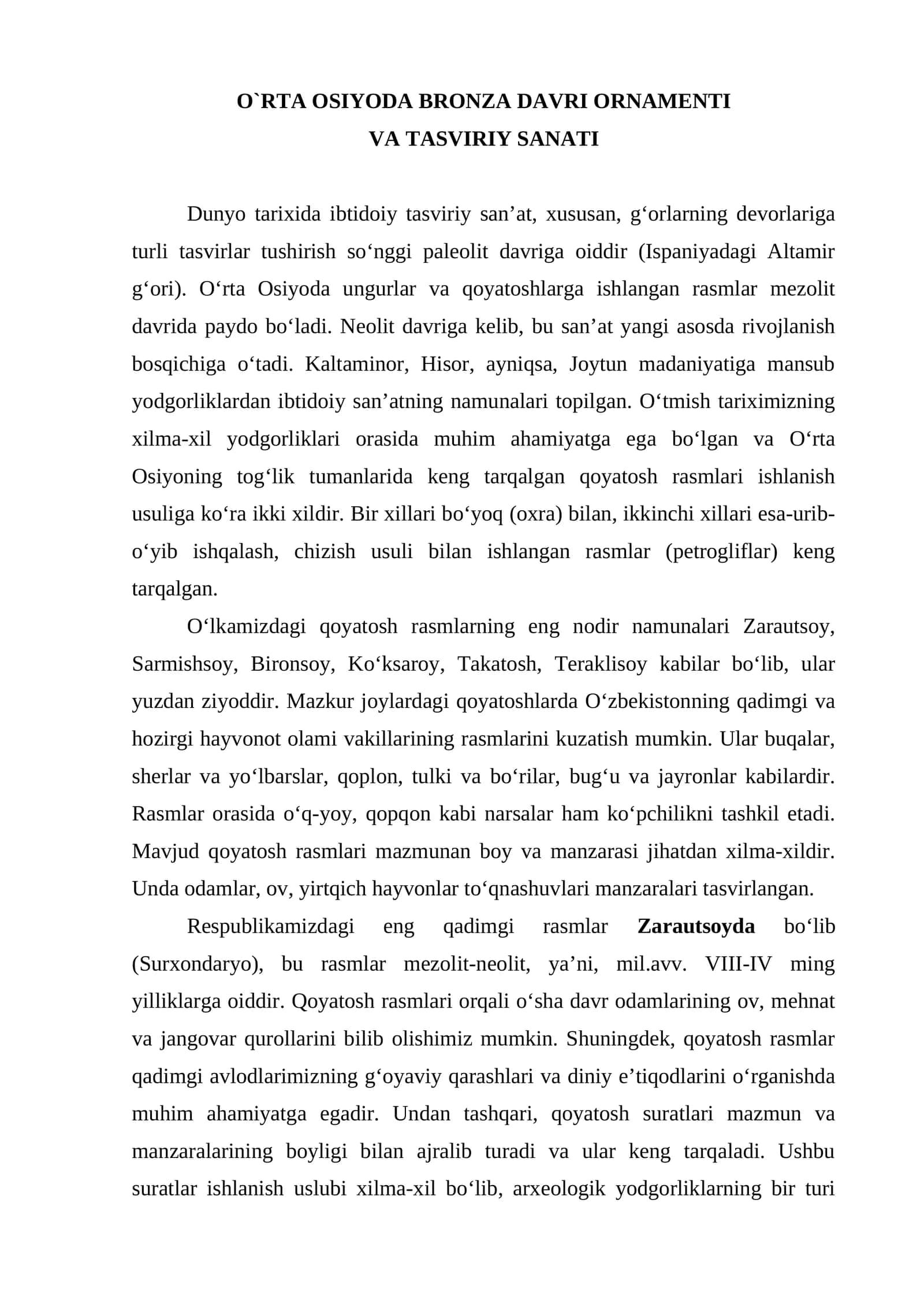 O`RTA OSIYODA BRONZA DAVRI ORNAMENTI VA TASVIRIY SANATI 1