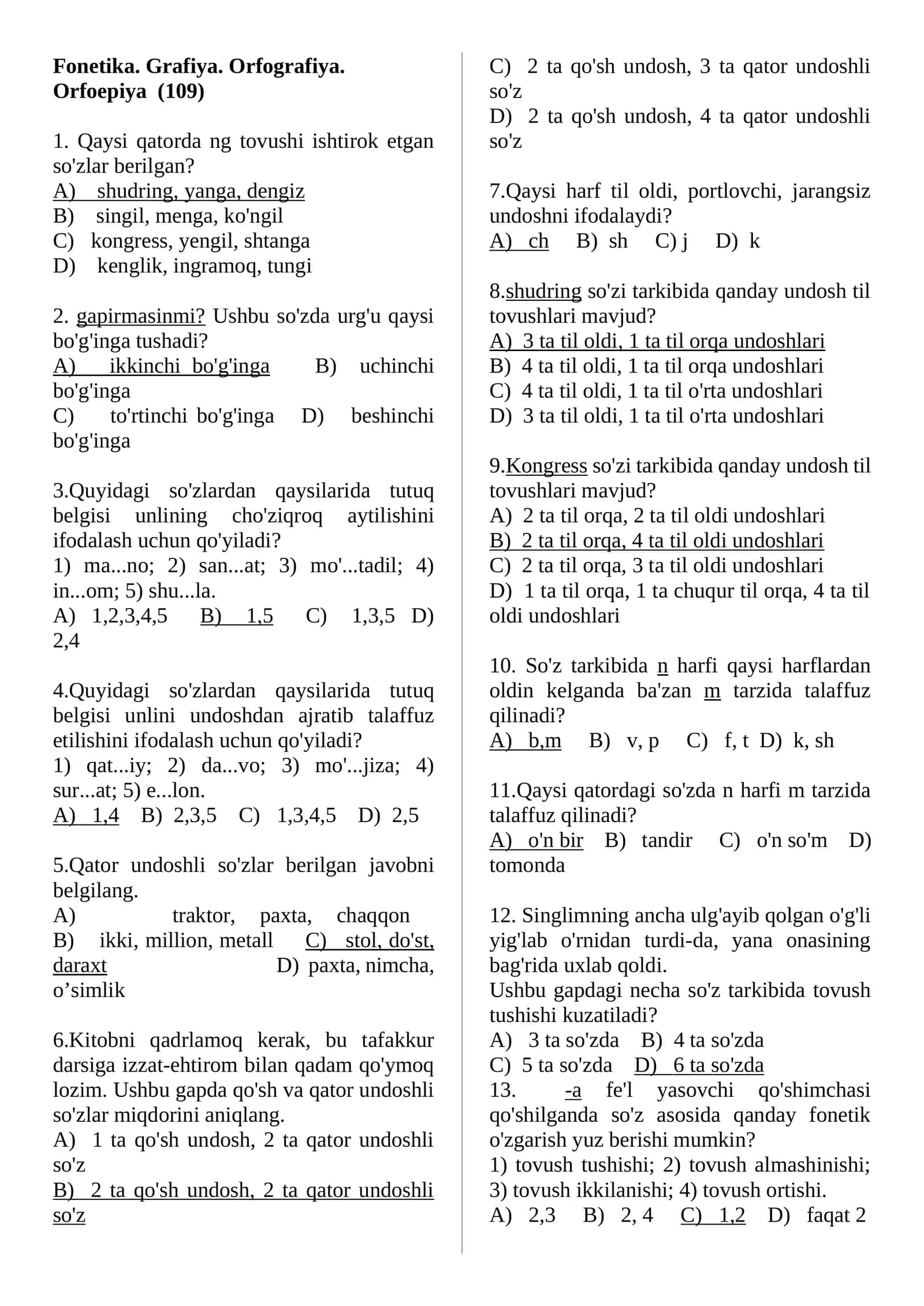 Fonetika, Grafiya, Orfografiya, Orfoepiya testlar 1