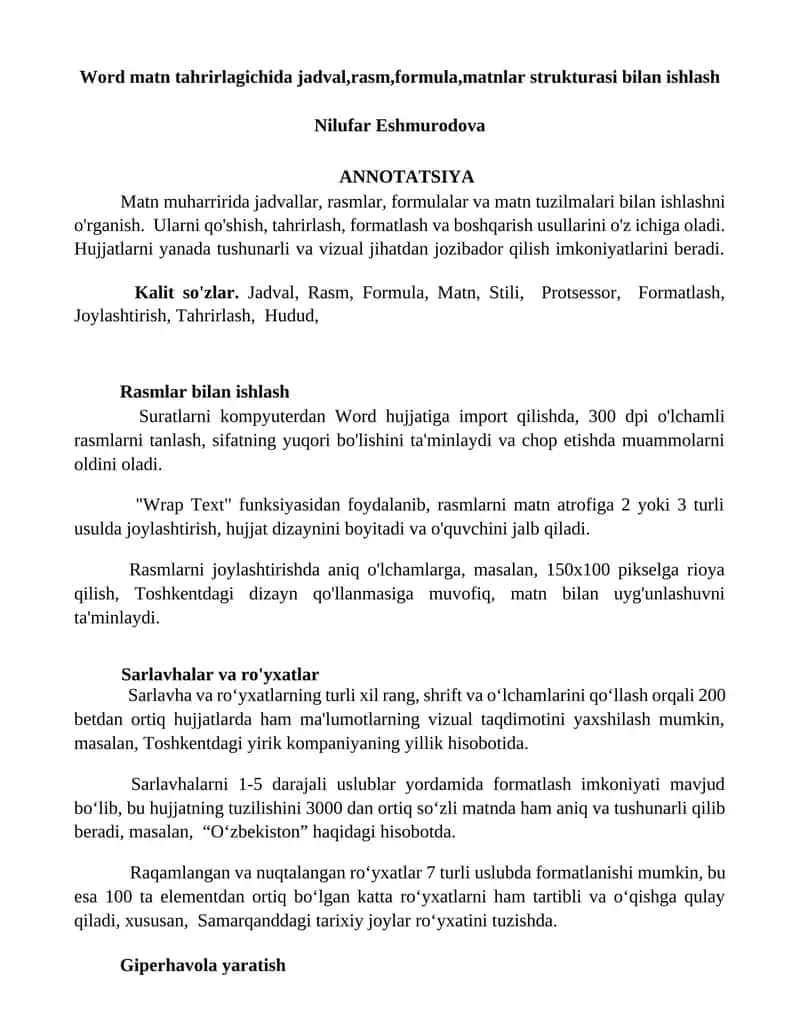 Matn tahrirlagichida jadval, rasm, formula, matnlar strukturasi bilan ishlash 1