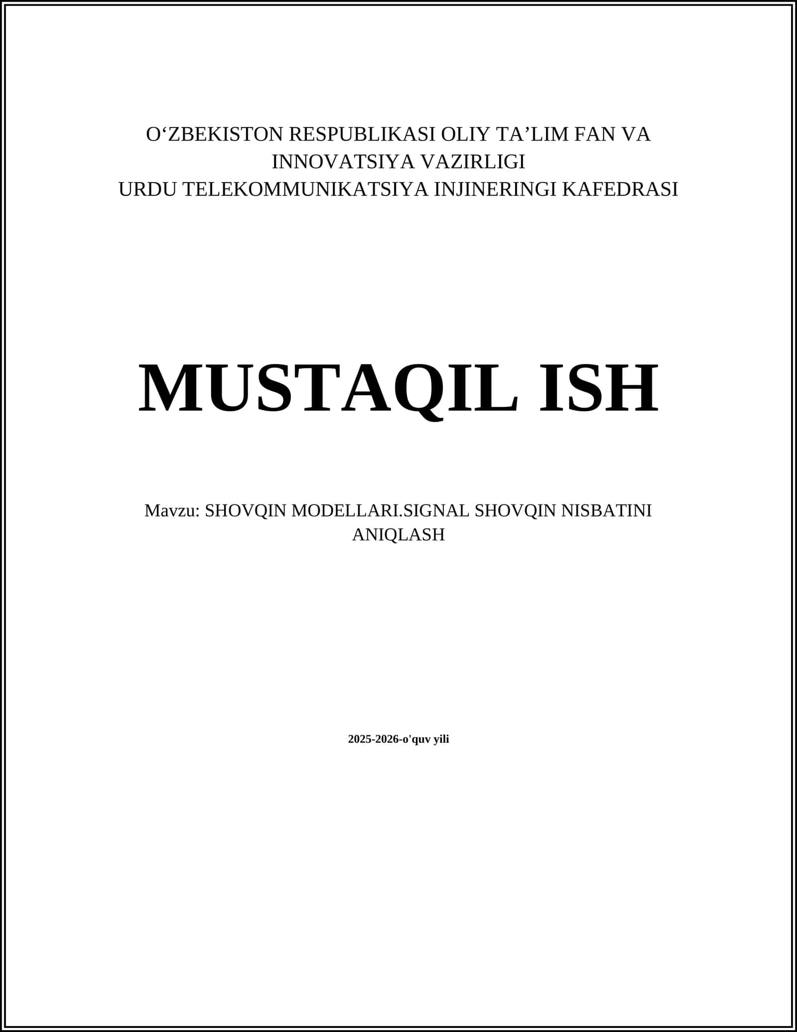 SHOVQIN MODELLARI.SIGNAL SHOVQIN NISBATINI ANIQLASH 1