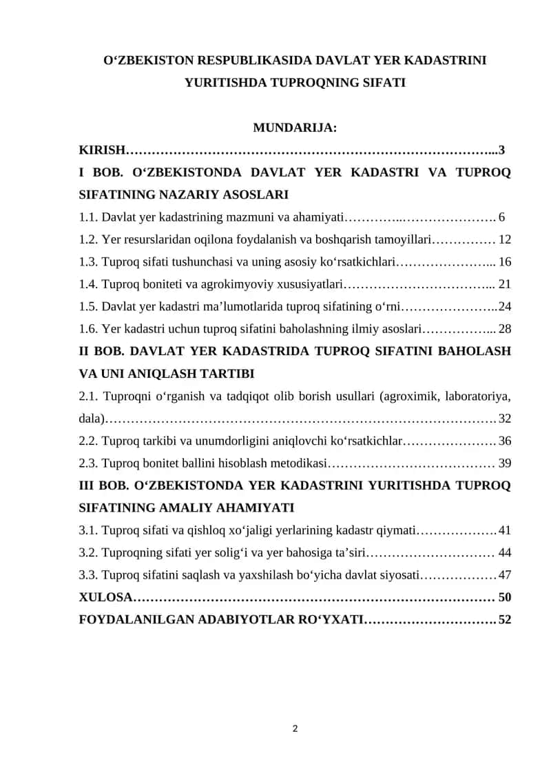 O‘ZBEKISTON RESPUBLIKASIDA DAVLAT YER KADASTRINI YURITISHDA TUPROQNING SIFATI 1