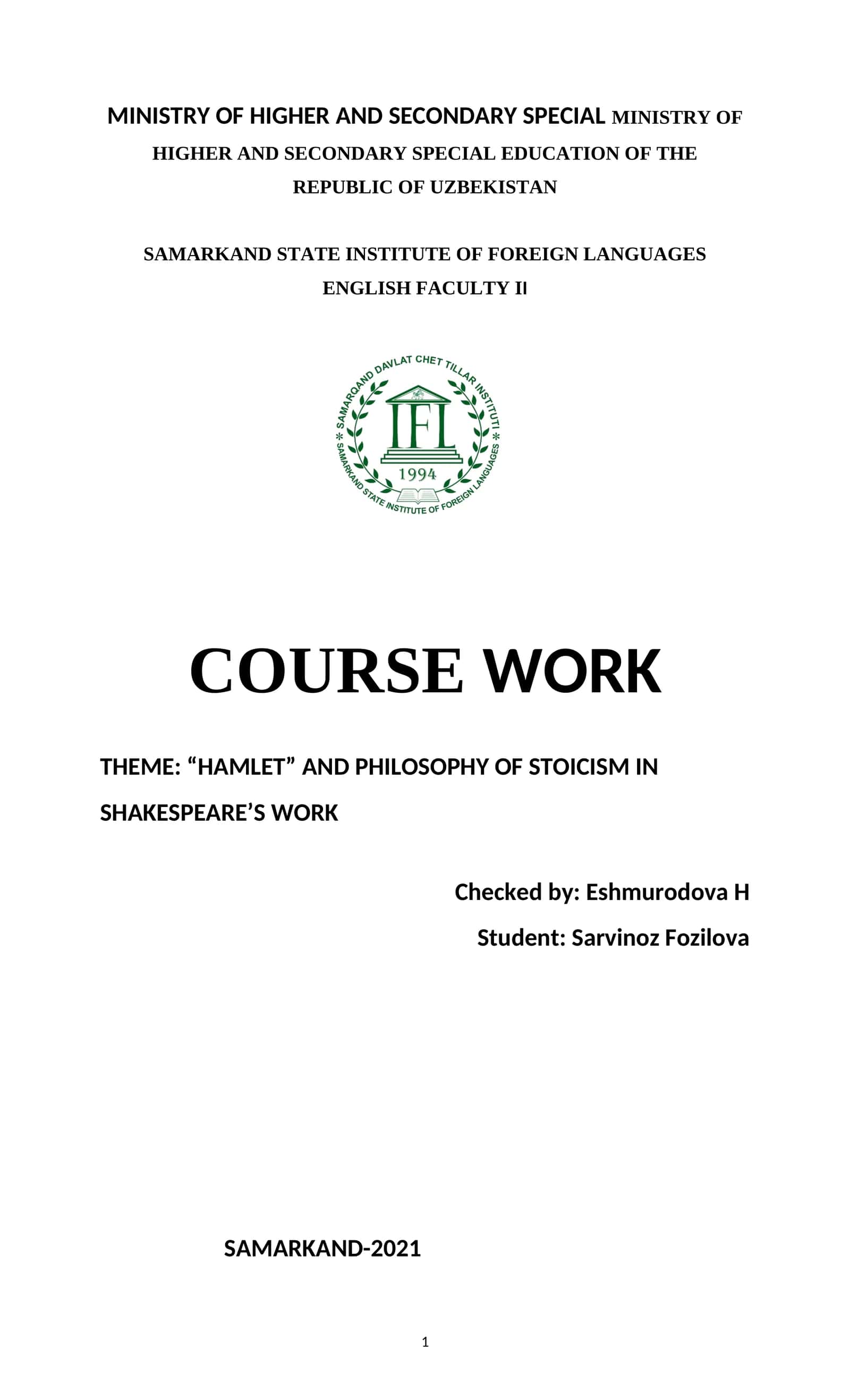 HAMLET AND PHILOSOPHY OF STOICISM IN SHAKESPEARE’S WORK 1