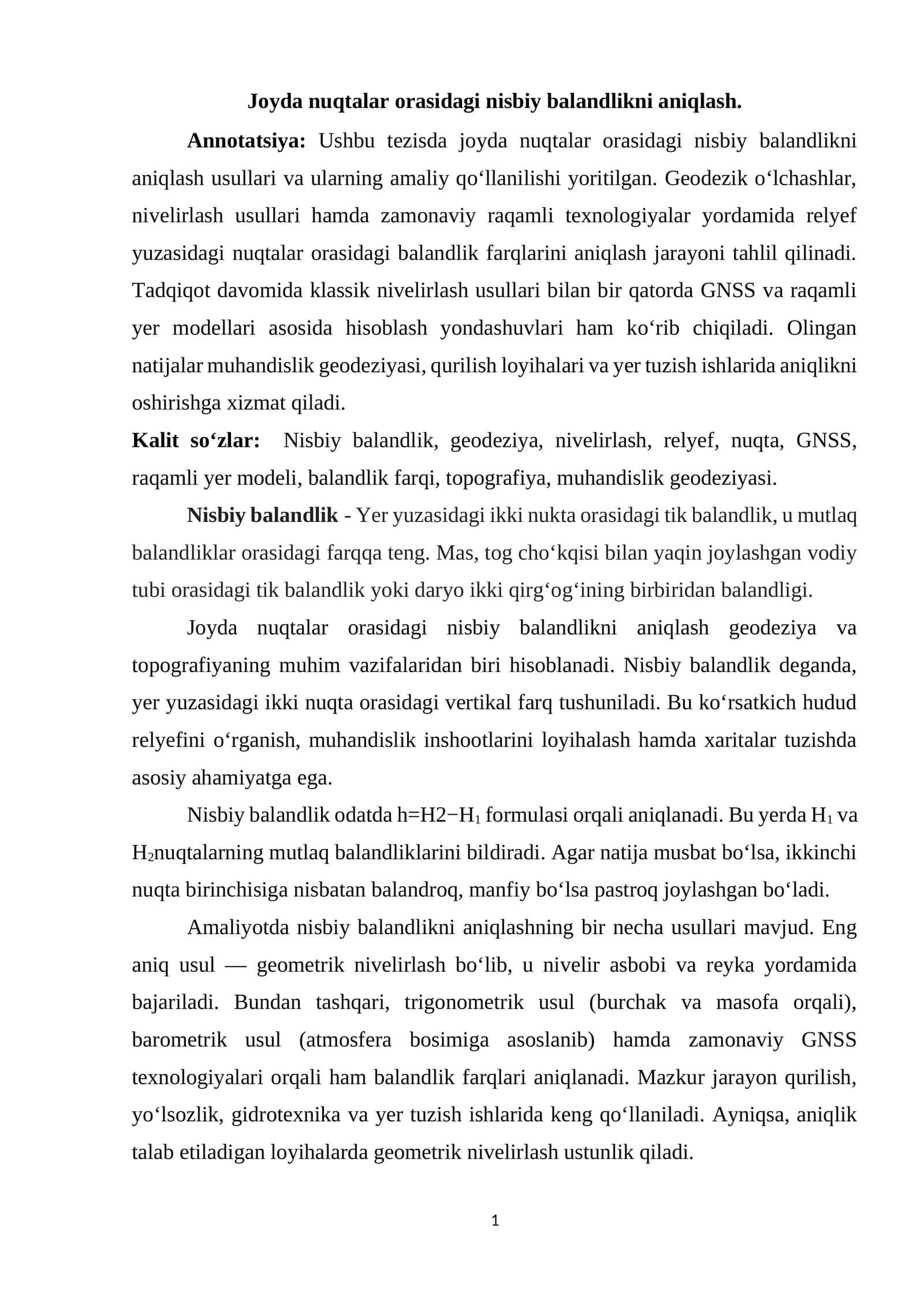 Joyda nuqtalar orasidagi nisbiy balandlikni aniqlash. 1