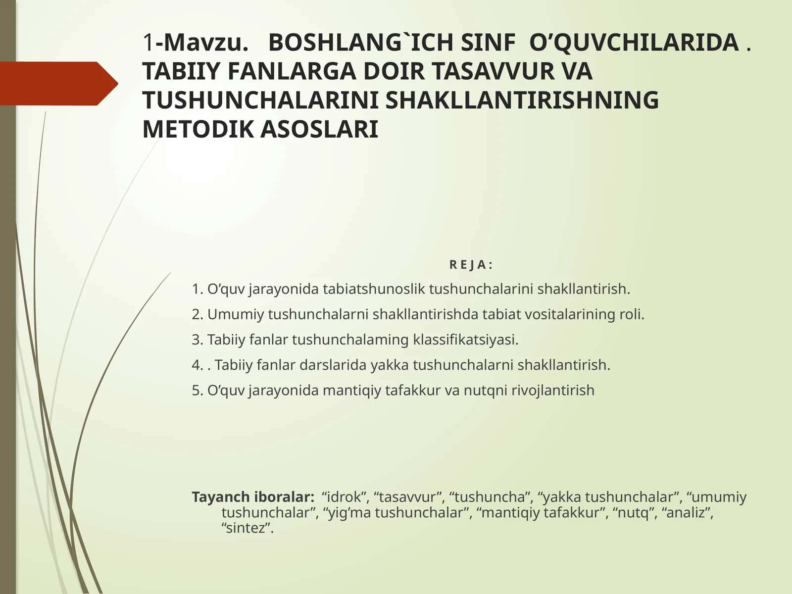 BOSHLANG`ICH SINF O’QUVCHILARIDA.TABIIY FANLARGA DOIR TASAVVUR VA TUSHUNCHALARINI SHAKLLANTIRISHNING METODIK ASOSLARI 1