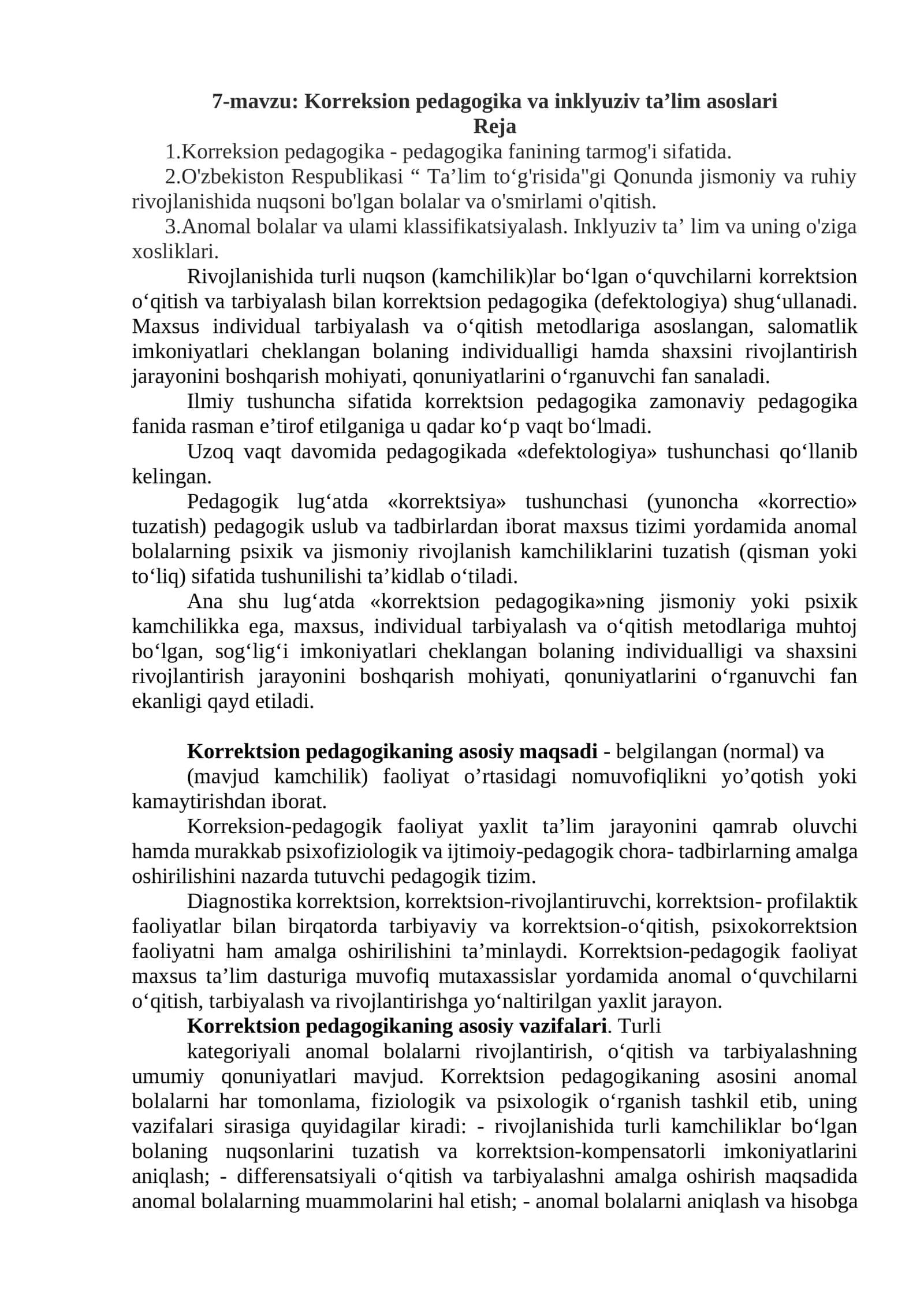 Korreksion pedagogika va inklyuziv ta’lim asoslari 1