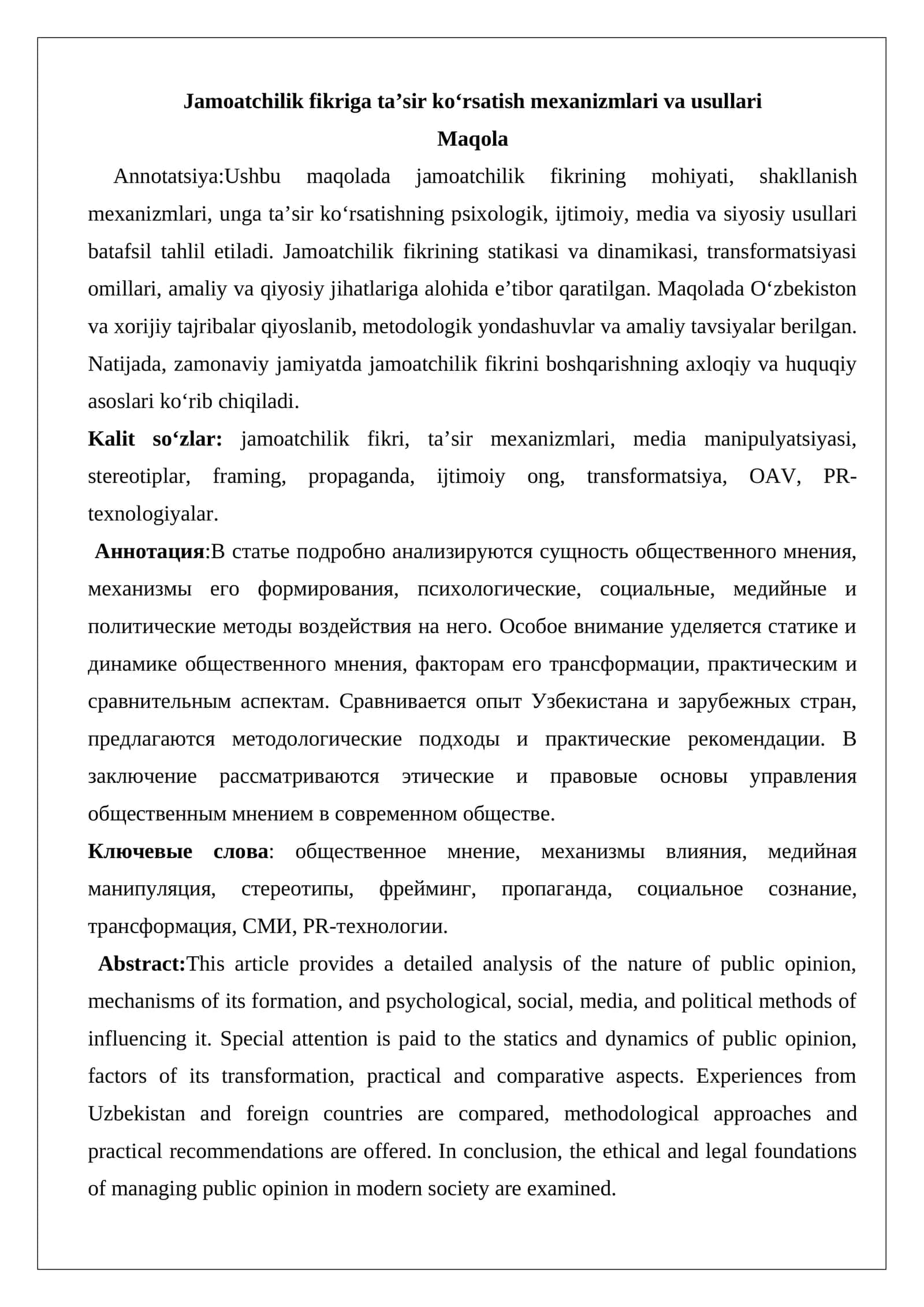 Jamoatchilik fikriga taʼsir koʻrsatish mexanizmlari va usullari 1